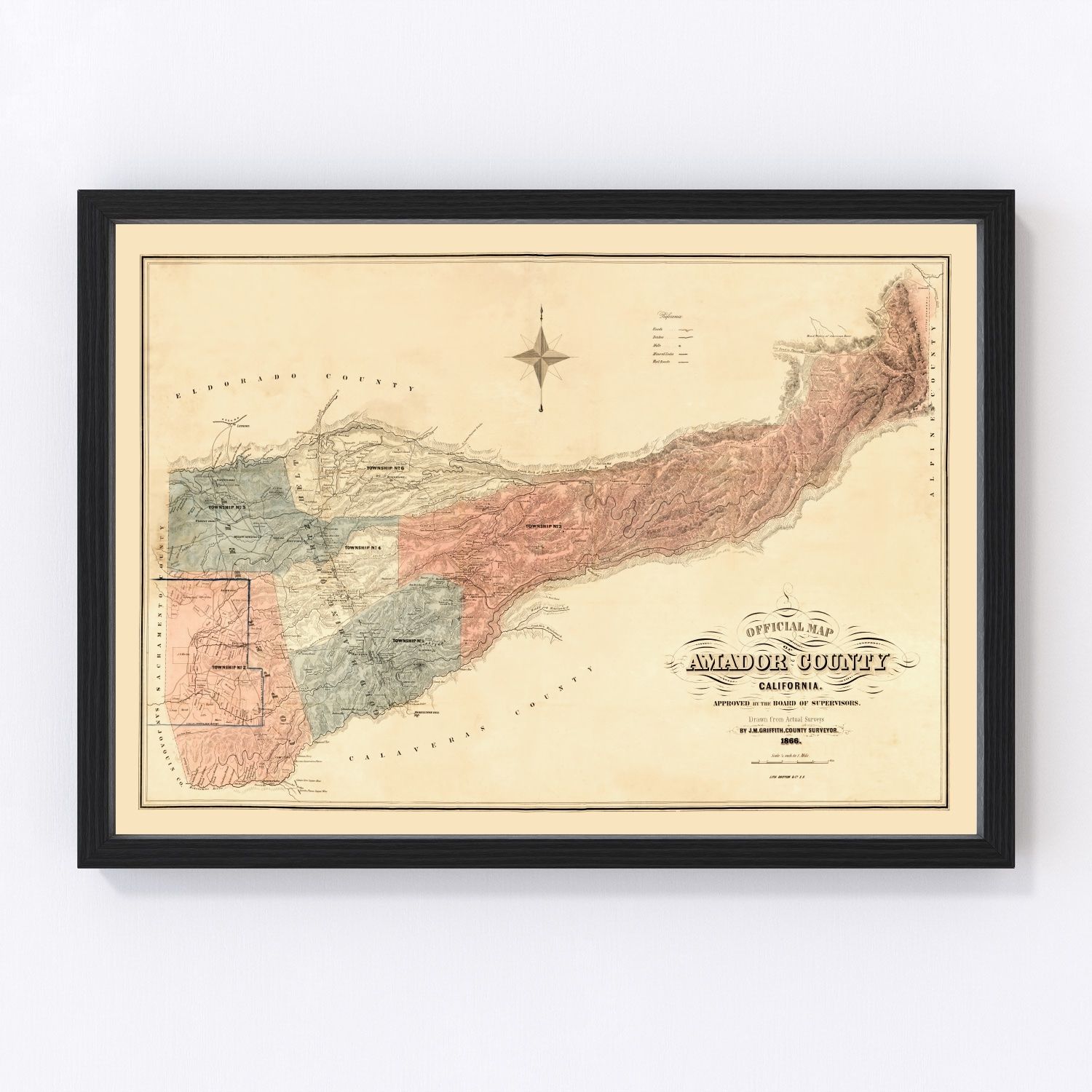 Vintage map of Amador County, California, 1866 - Gold Country mining claims and towns
