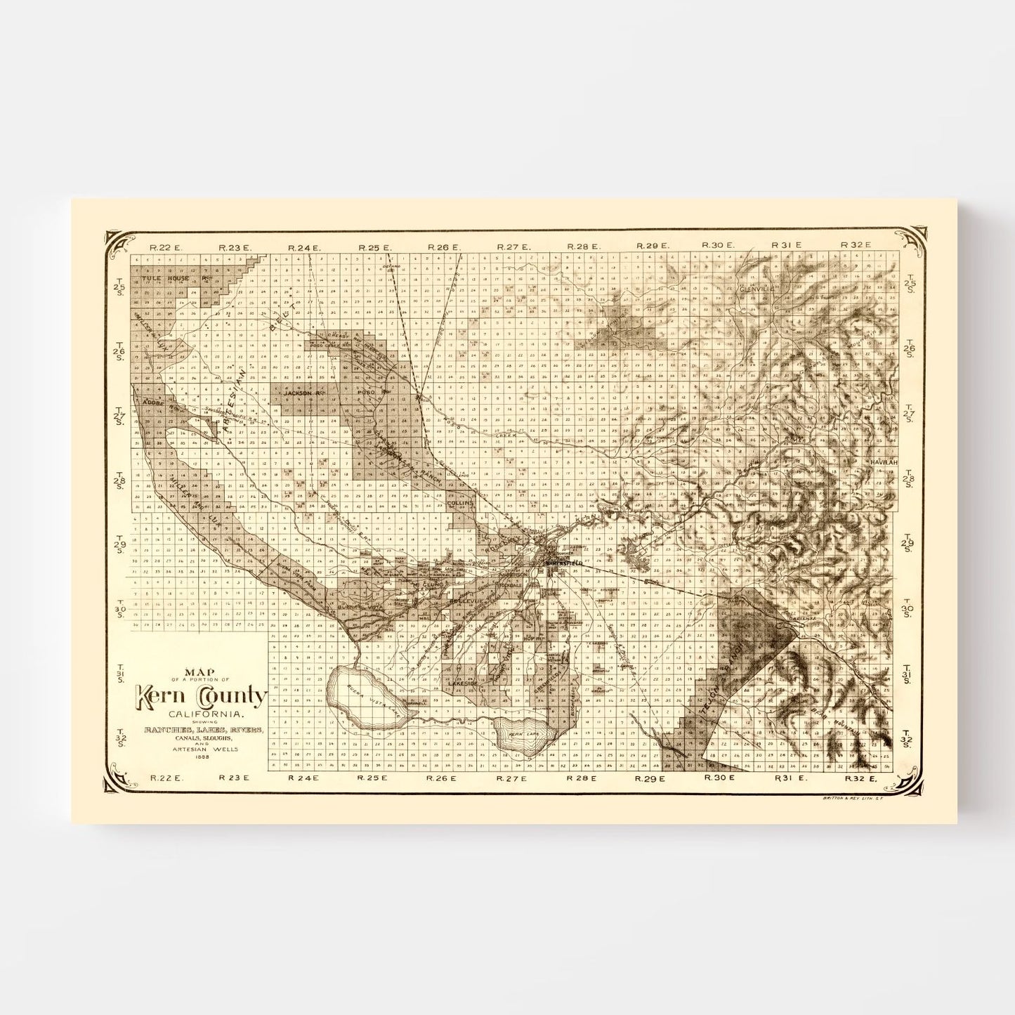 Vintage Map of Kern County, California, 1888