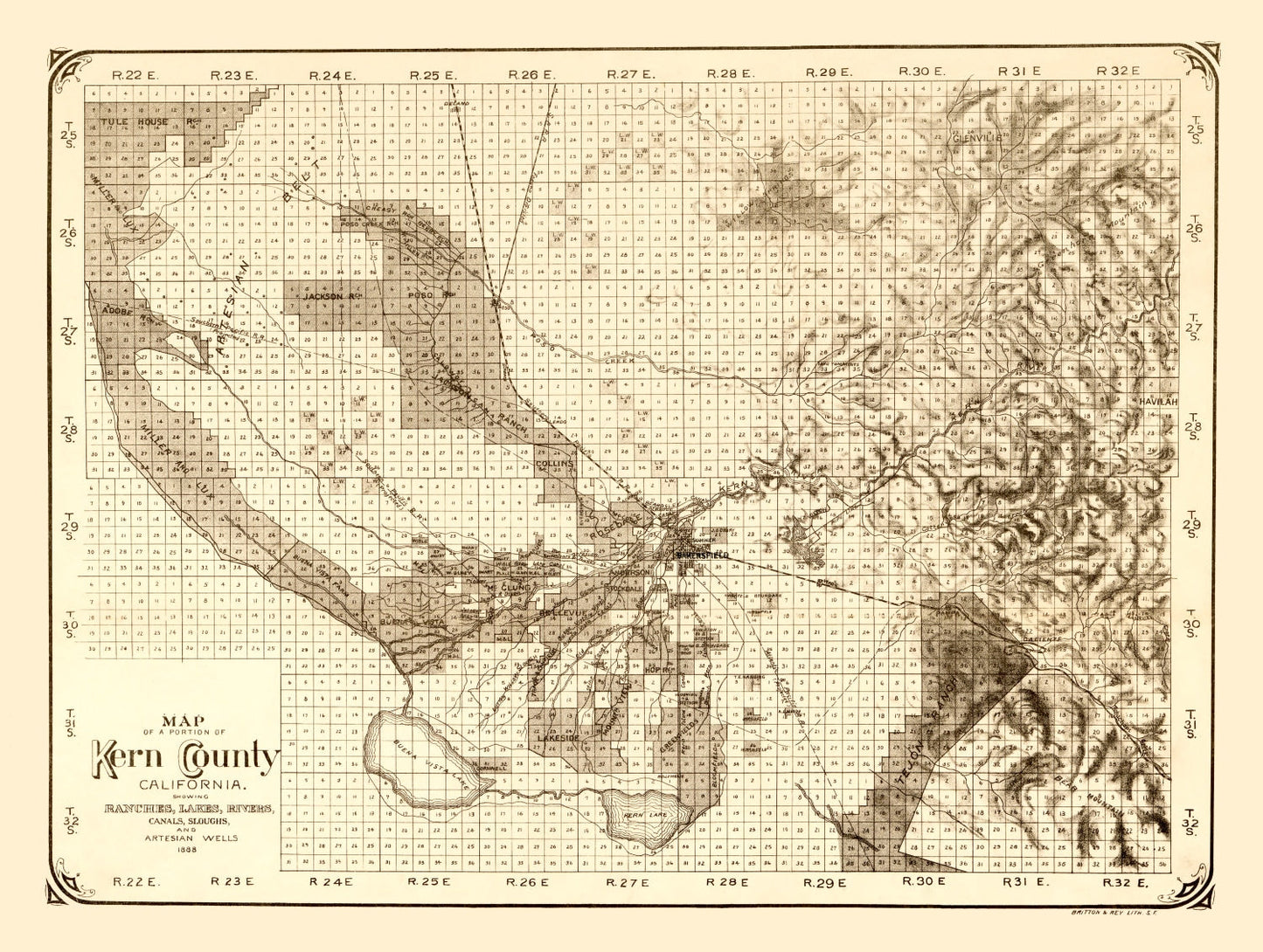 Vintage Map of Kern County, California, 1888