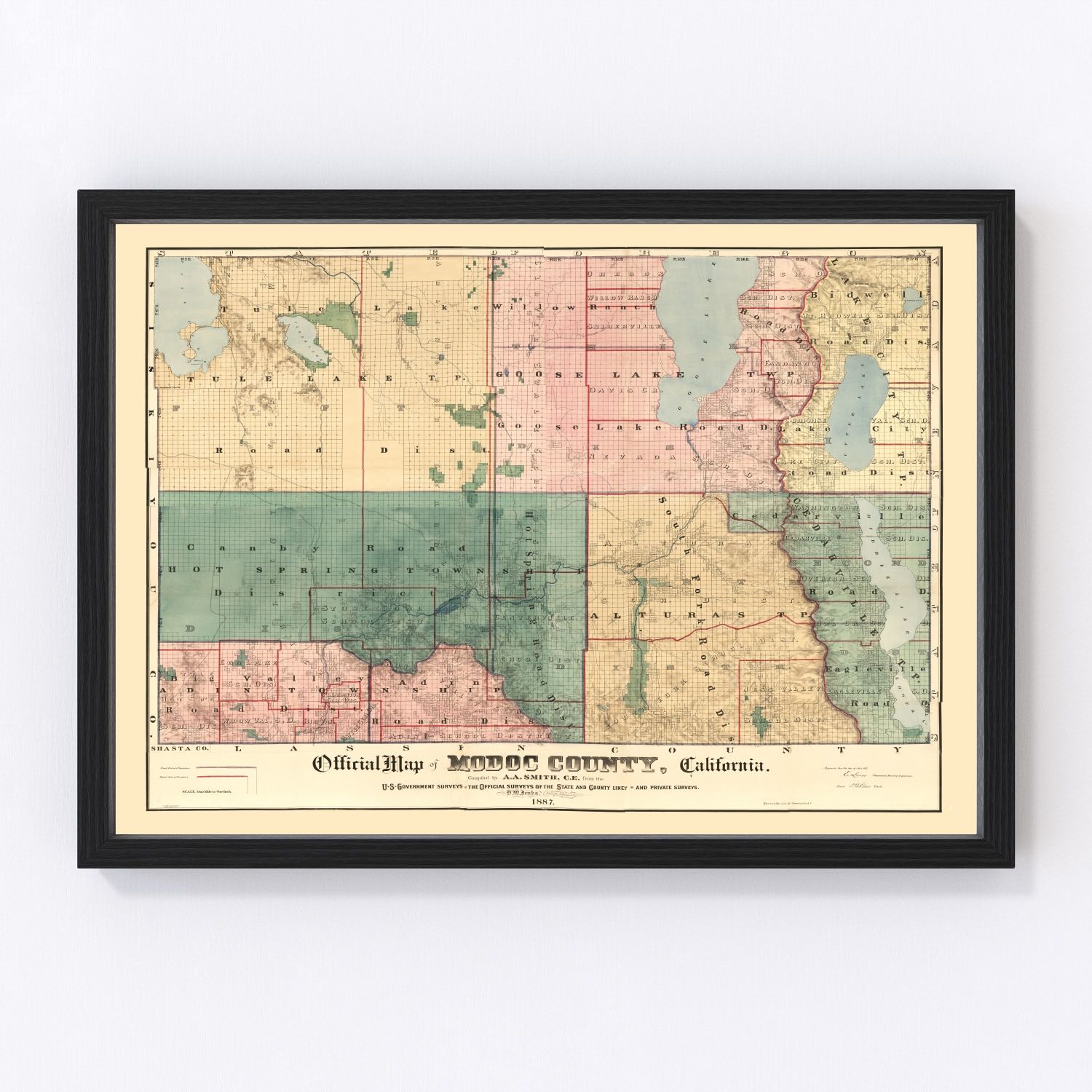 vintage map of Modoc County, California, Alturas and Cedarville, 1887