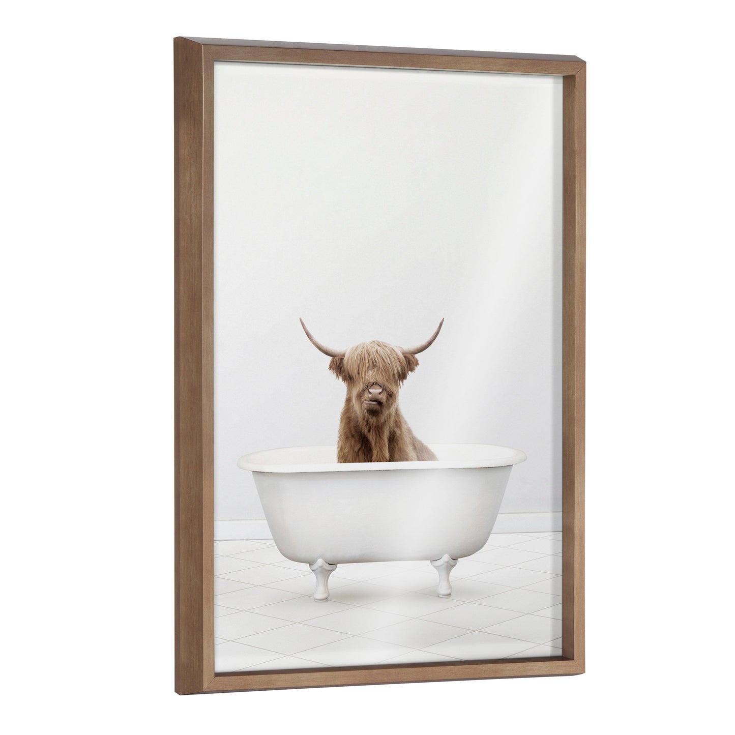 Highland Cow Solo Bathtub Framed Glass Wall Art