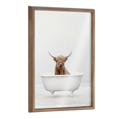 Highland Cow Solo Bathtub Framed Glass Wall Art