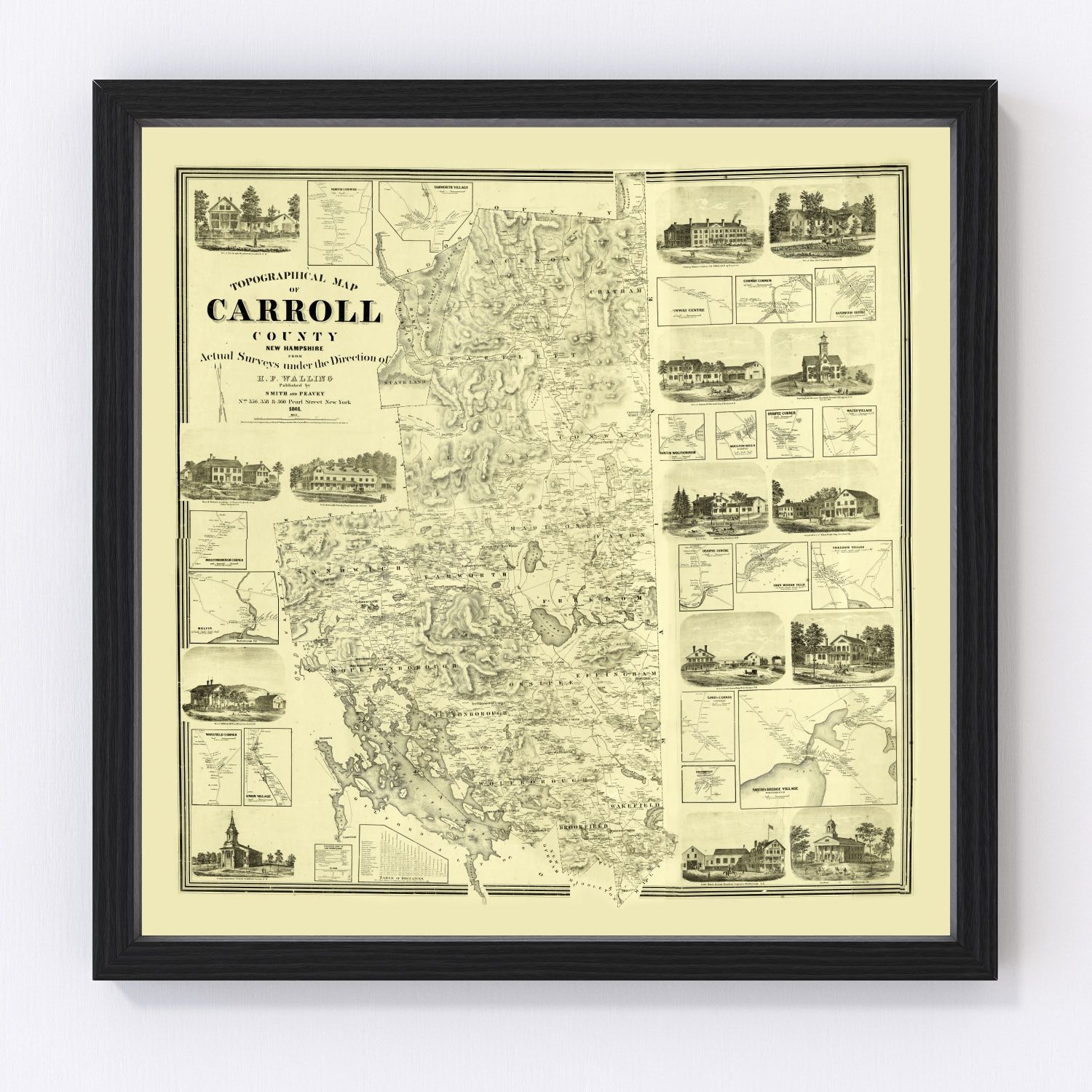 Vintage map of Carroll County, New Hampshire, 1861, restored vintage wall art print