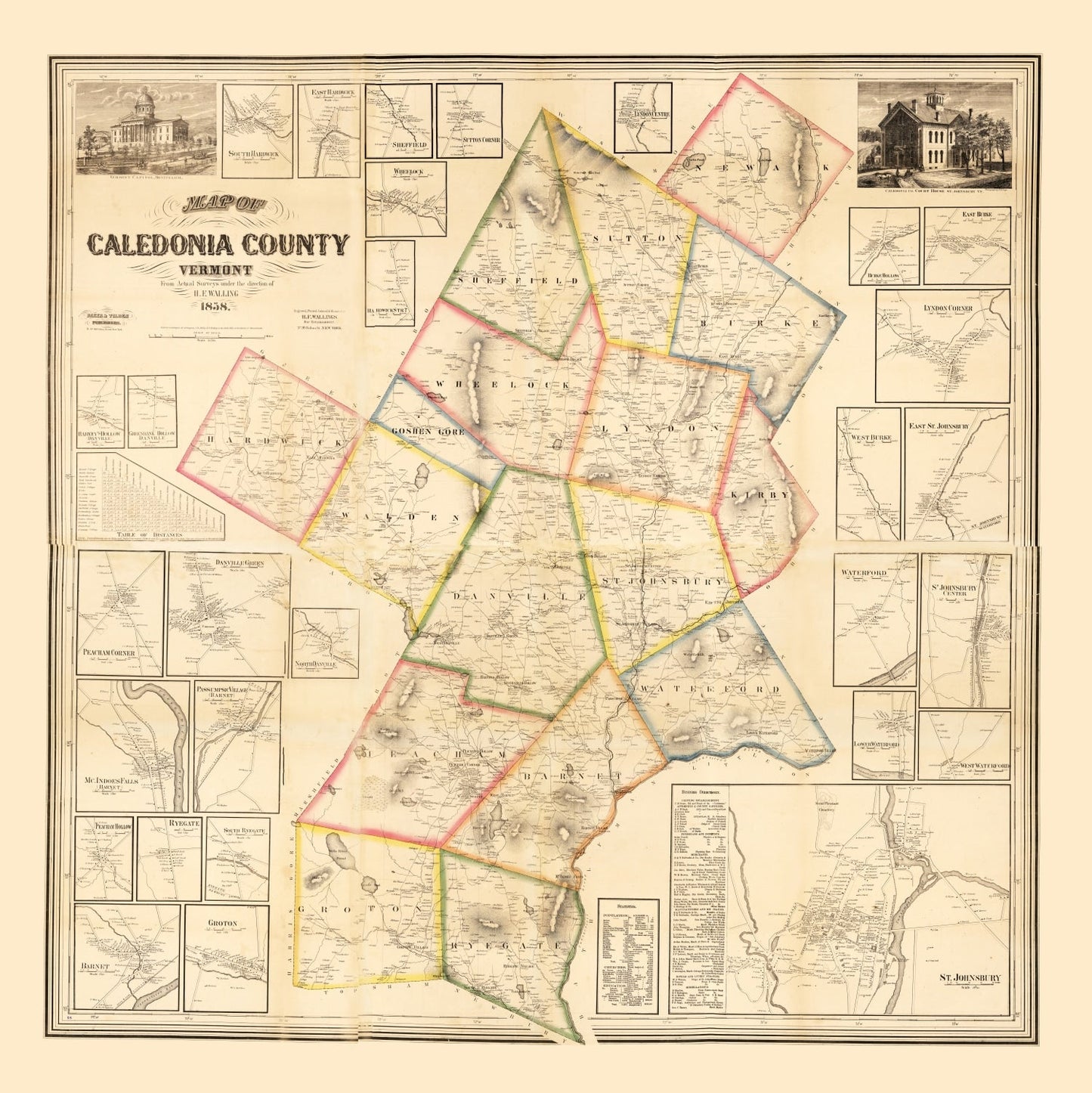 Vintage Map of Caledonia County, Vermont, 1858