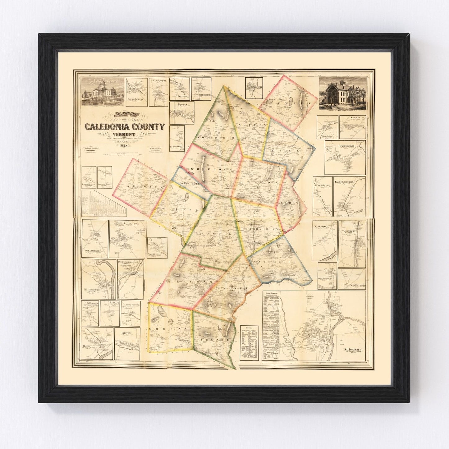 Vintage map of Caledonia County, Vermont, 1858, restored print
