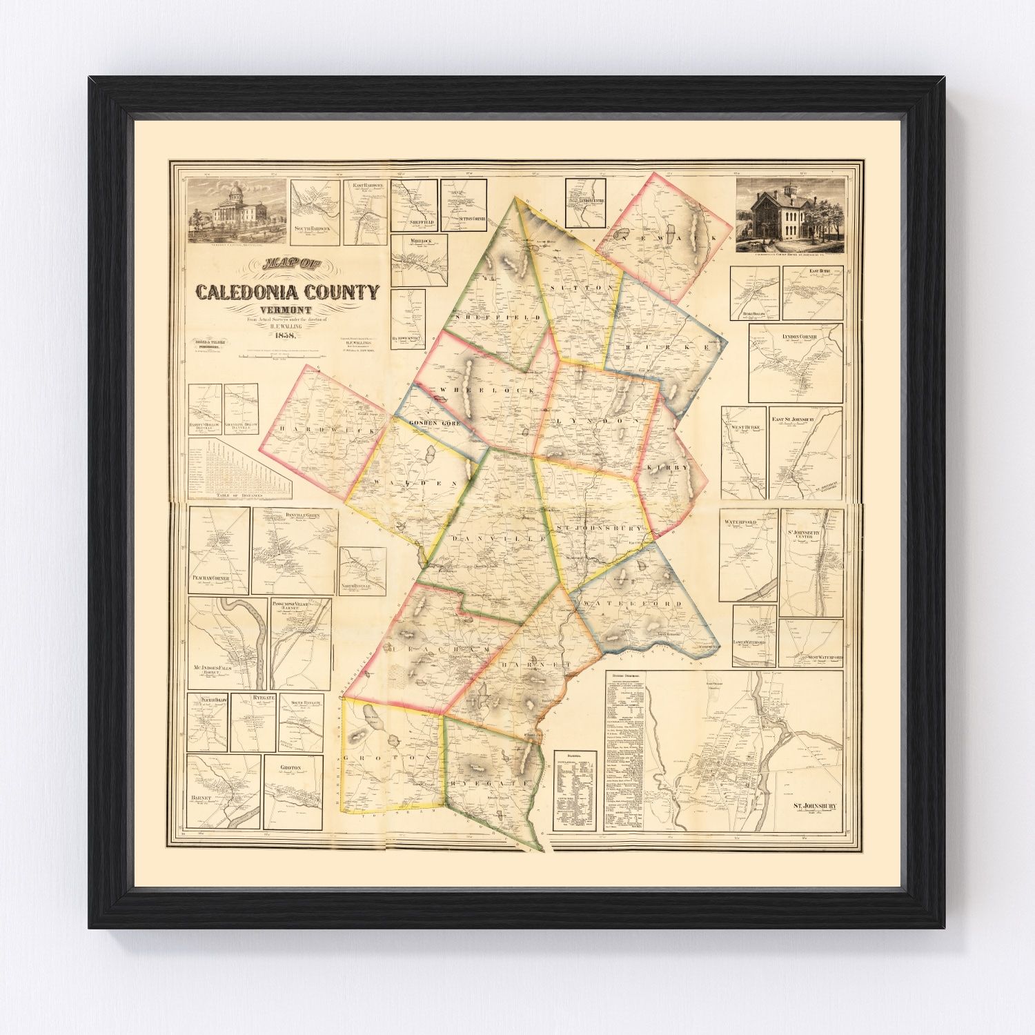 Vintage map of Caledonia County, Vermont, 1858, restored print