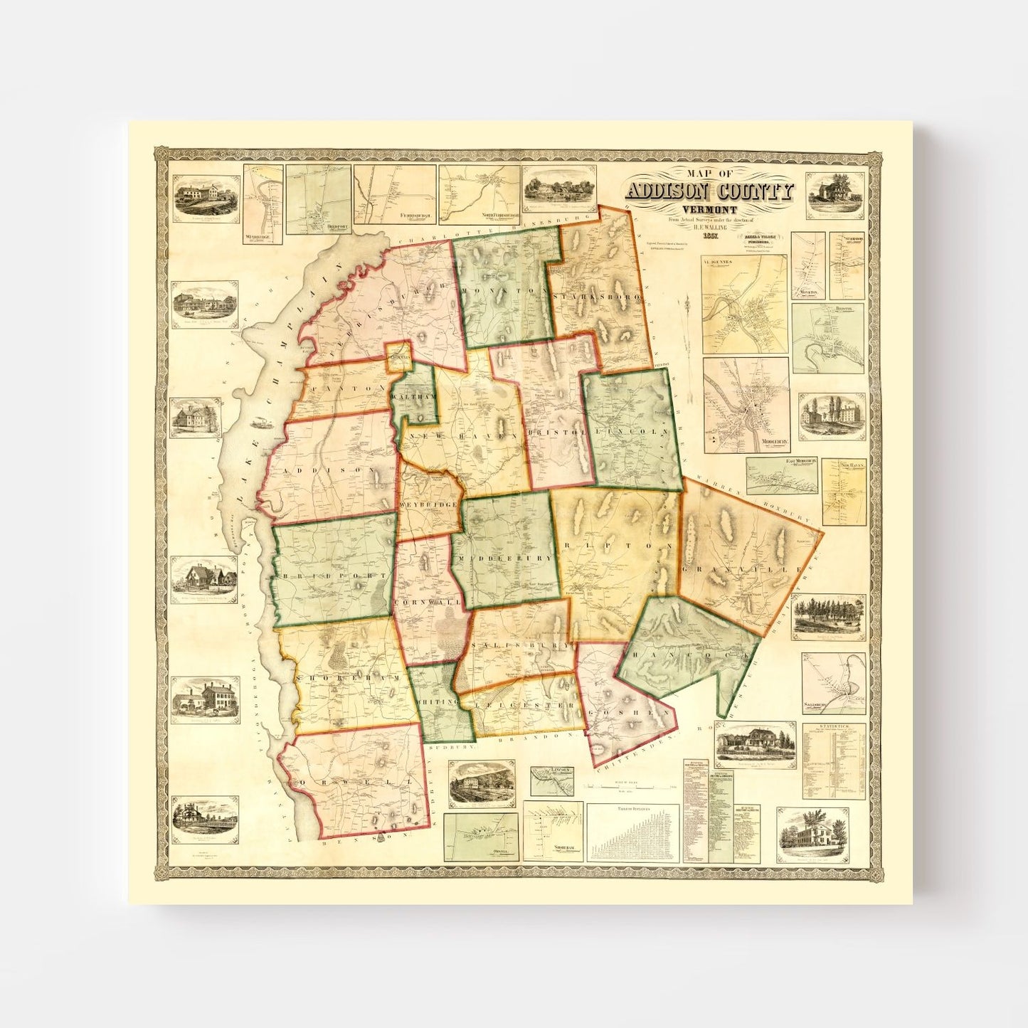 Vintage Map of Addison County, Vermont, 1857