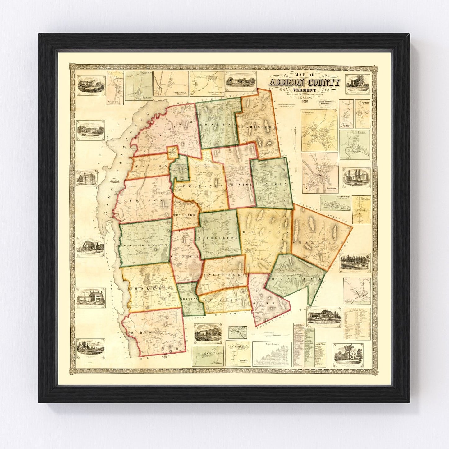 Vintage map of Addison County, Vermont, 1857 - restored antebellum New England atlas