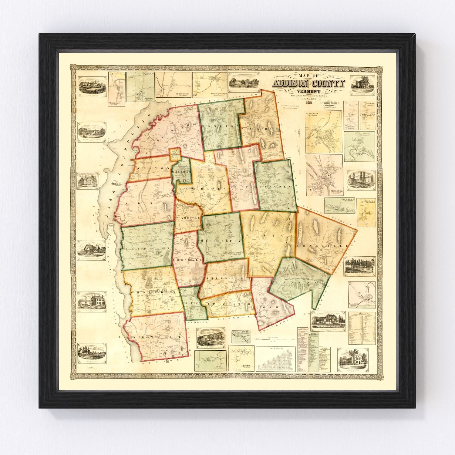 Vintage map of Addison County, Vermont, 1857 - restored antebellum New England atlas