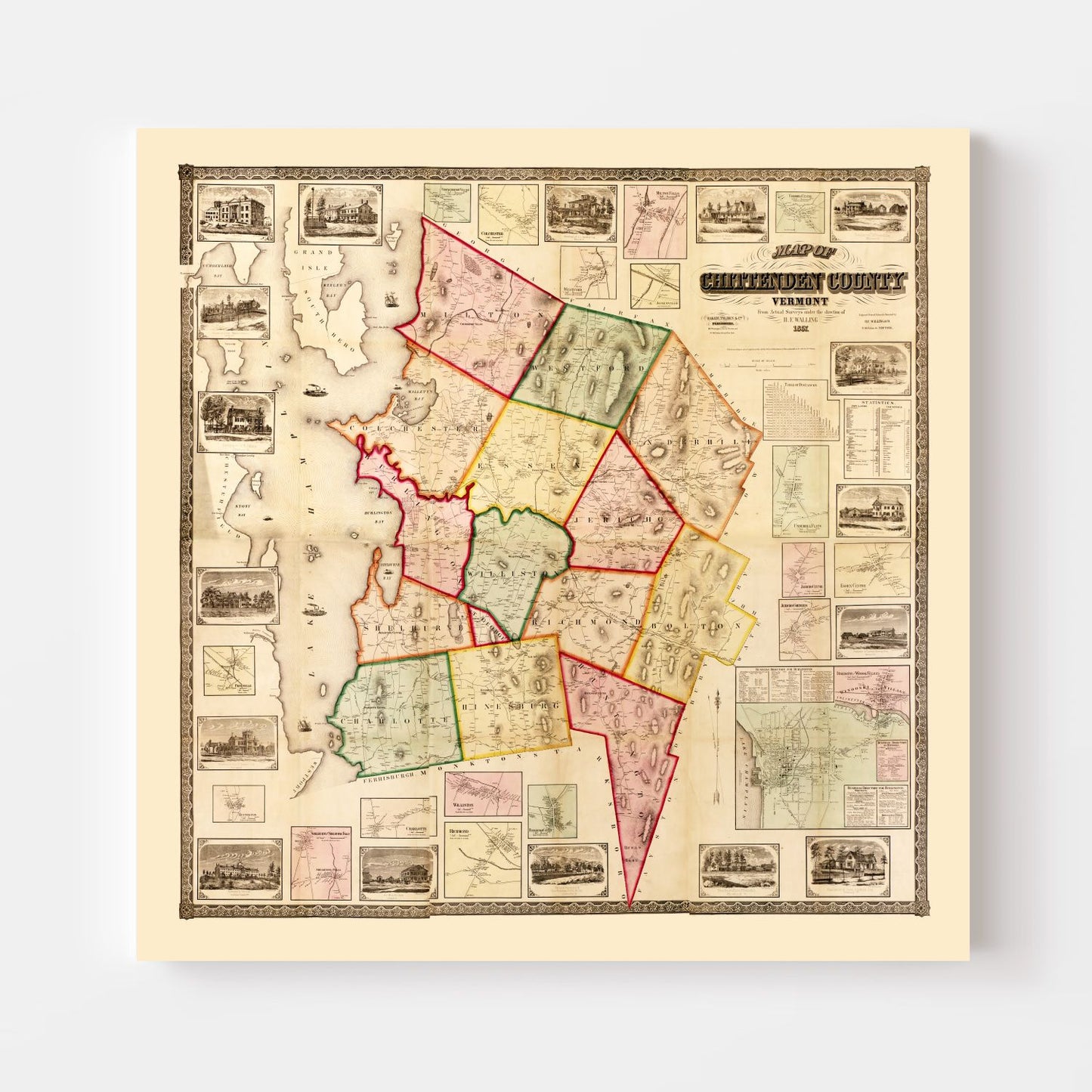 Vintage Map of Chittenden County, Vermont, 1857