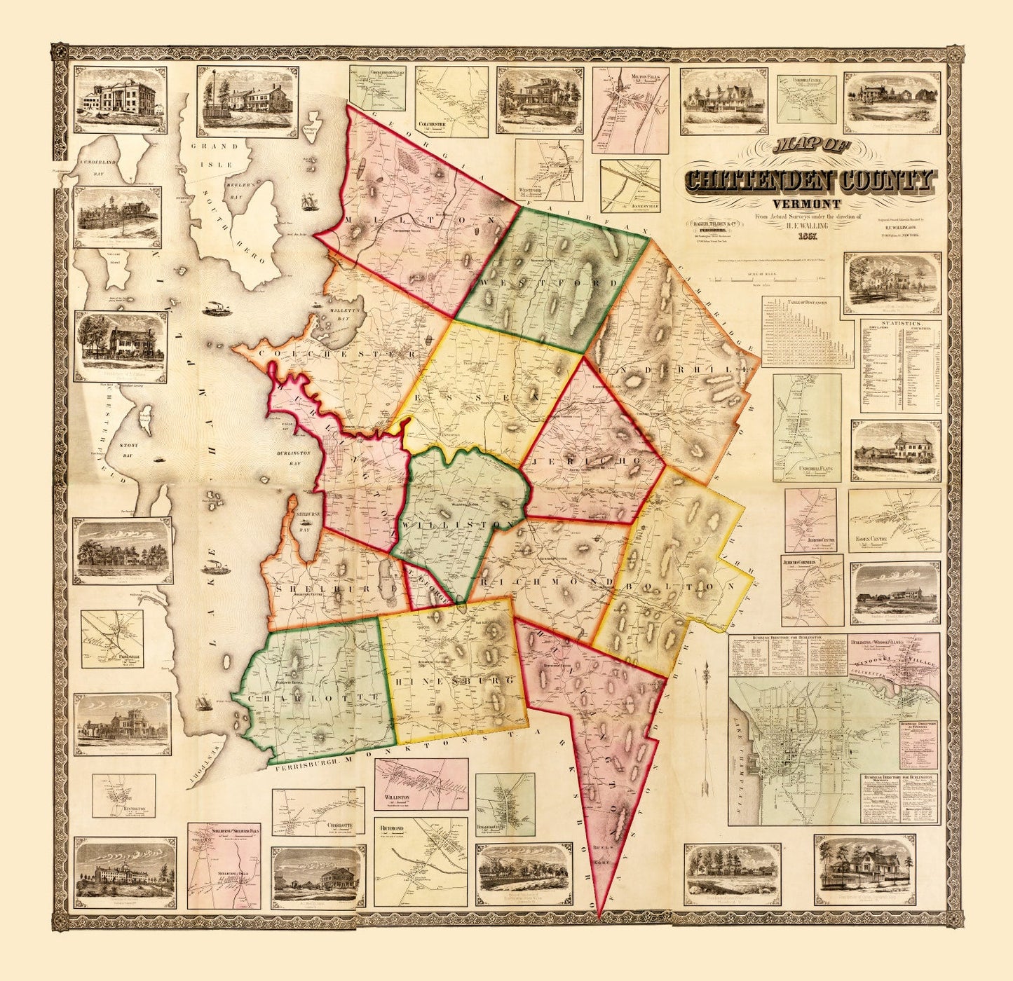 Vintage Map of Chittenden County, Vermont, 1857