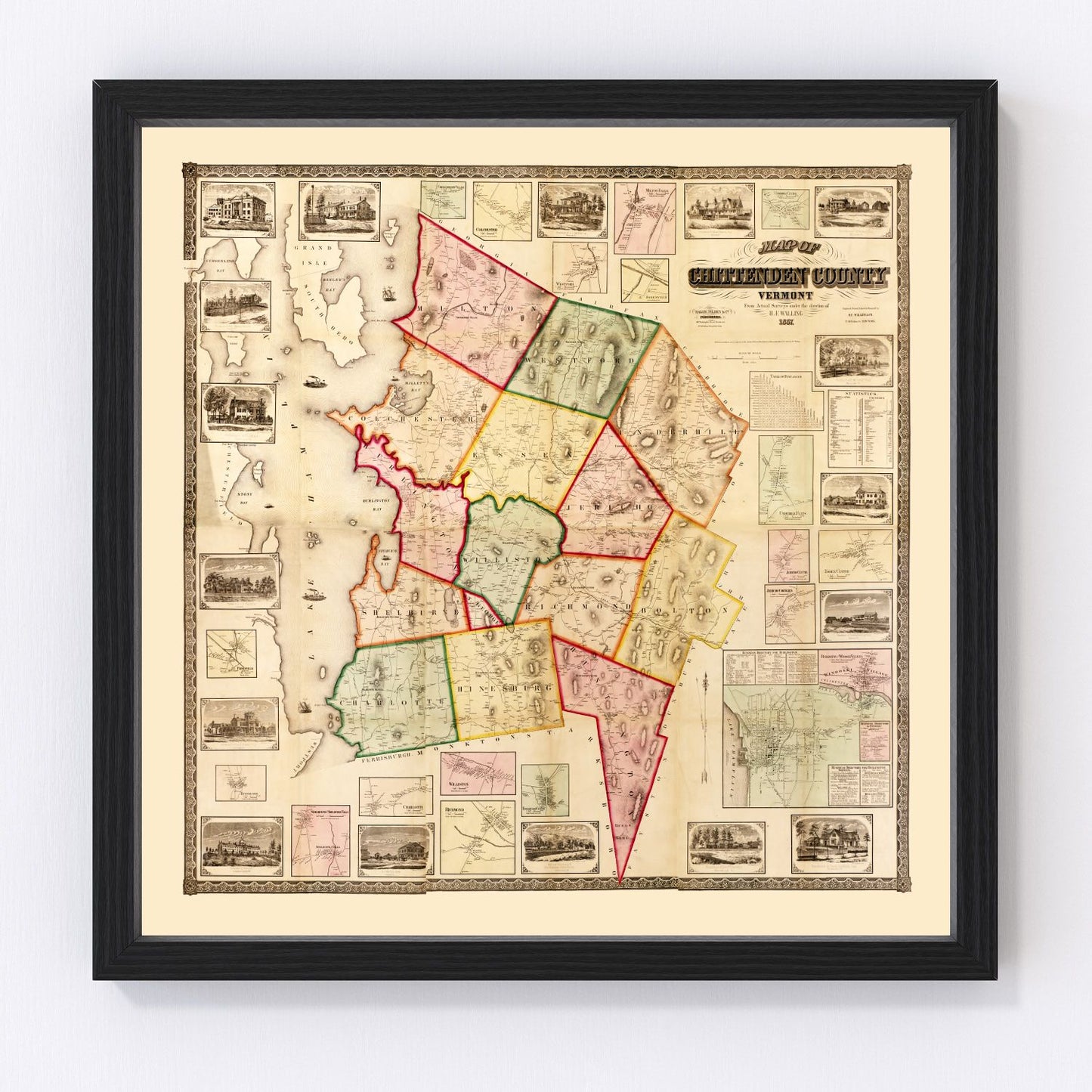 Vintage map of Chittenden County, Vermont, 1857
