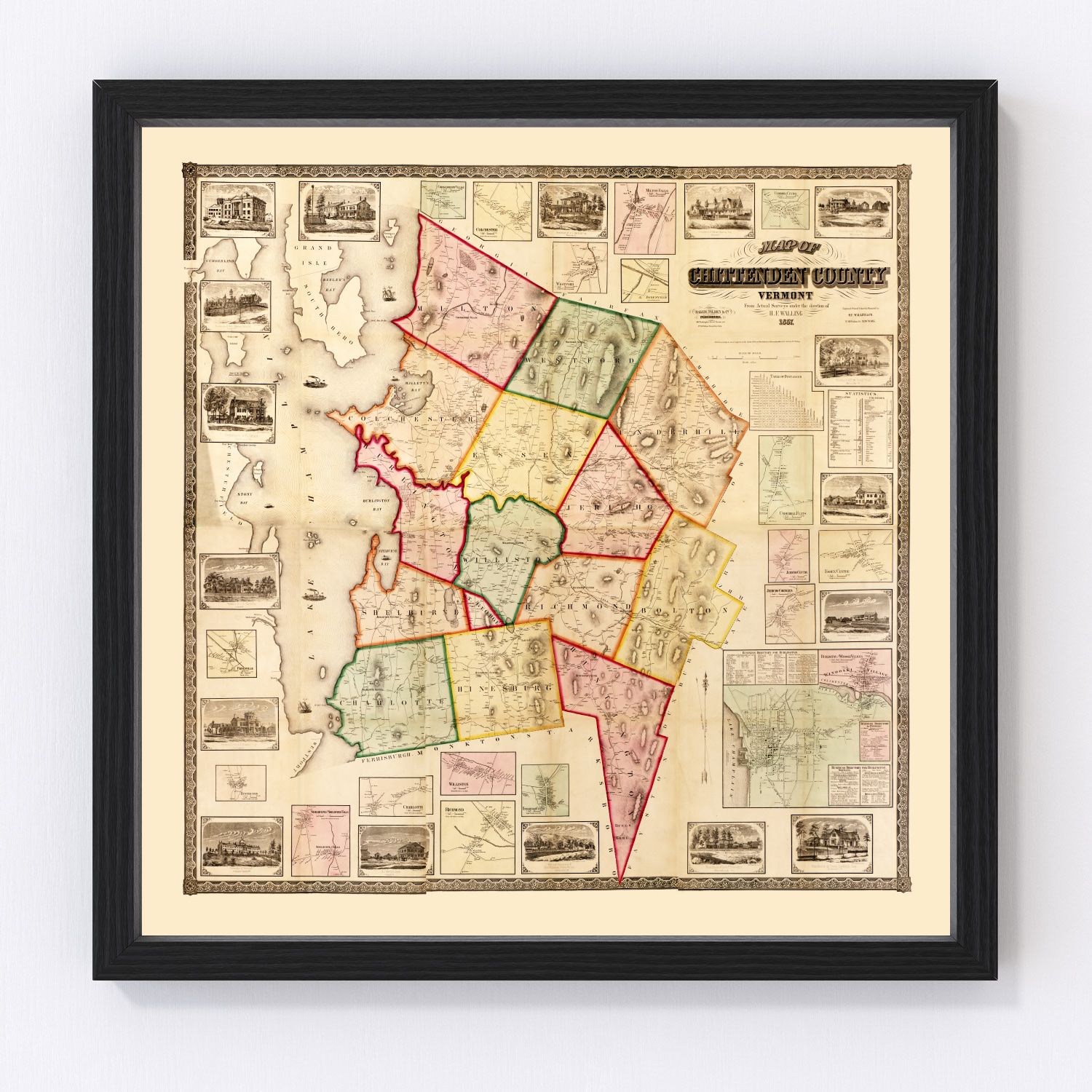 Vintage map of Chittenden County, Vermont, 1857