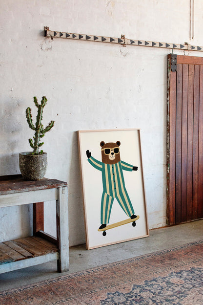 Cool Bear on Skateboard Retro Kids Wall Art