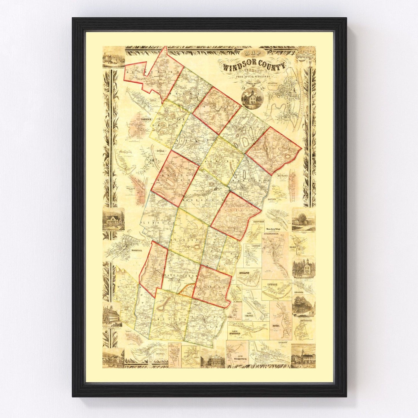 Vintage map of Windsor County, Vermont, 1855, antebellum county survey restored print