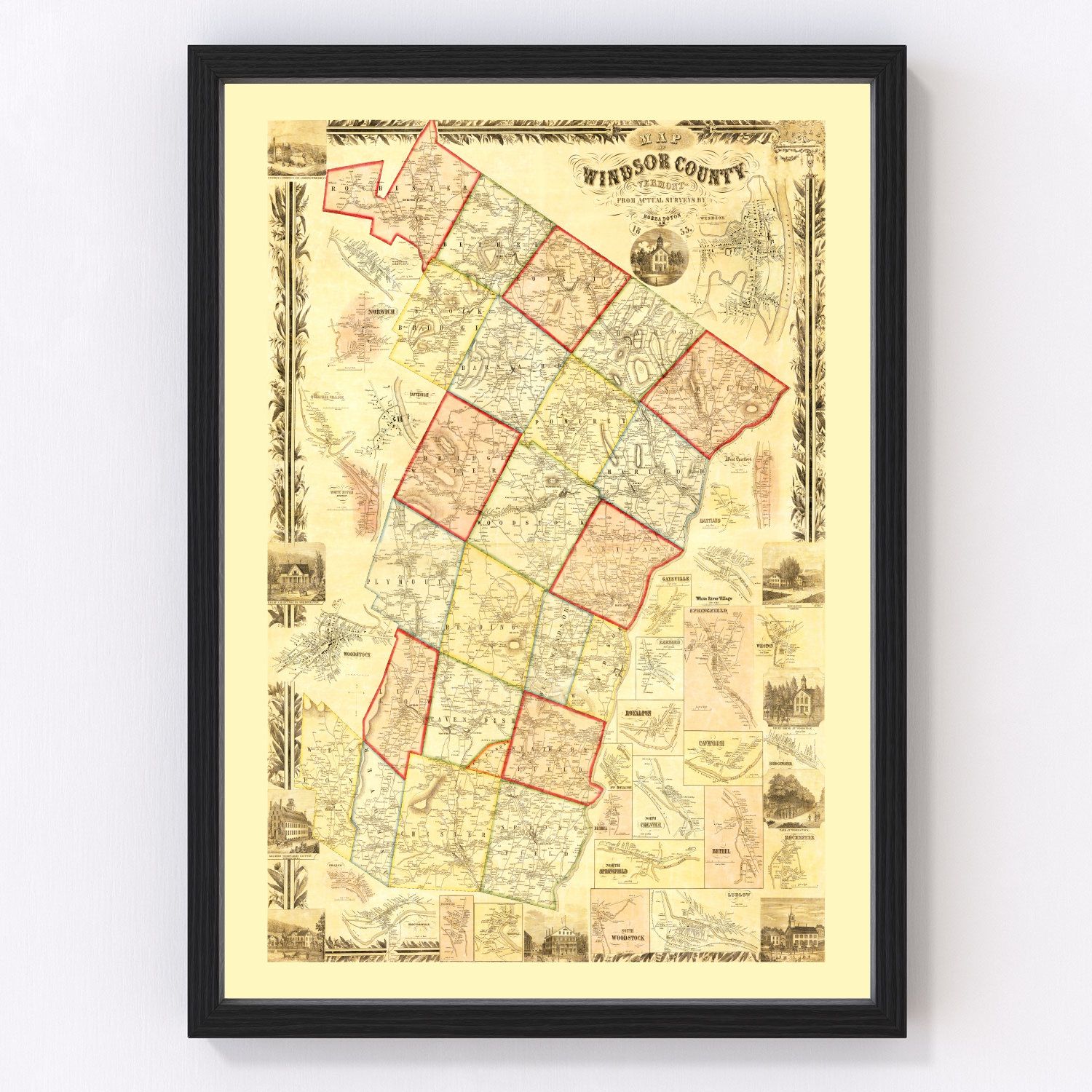 Vintage map of Windsor County, Vermont, 1855, antebellum county survey restored print