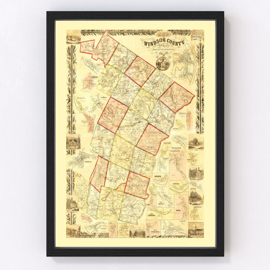 Vintage map of Windsor County, Vermont, 1855, antebellum county survey restored print