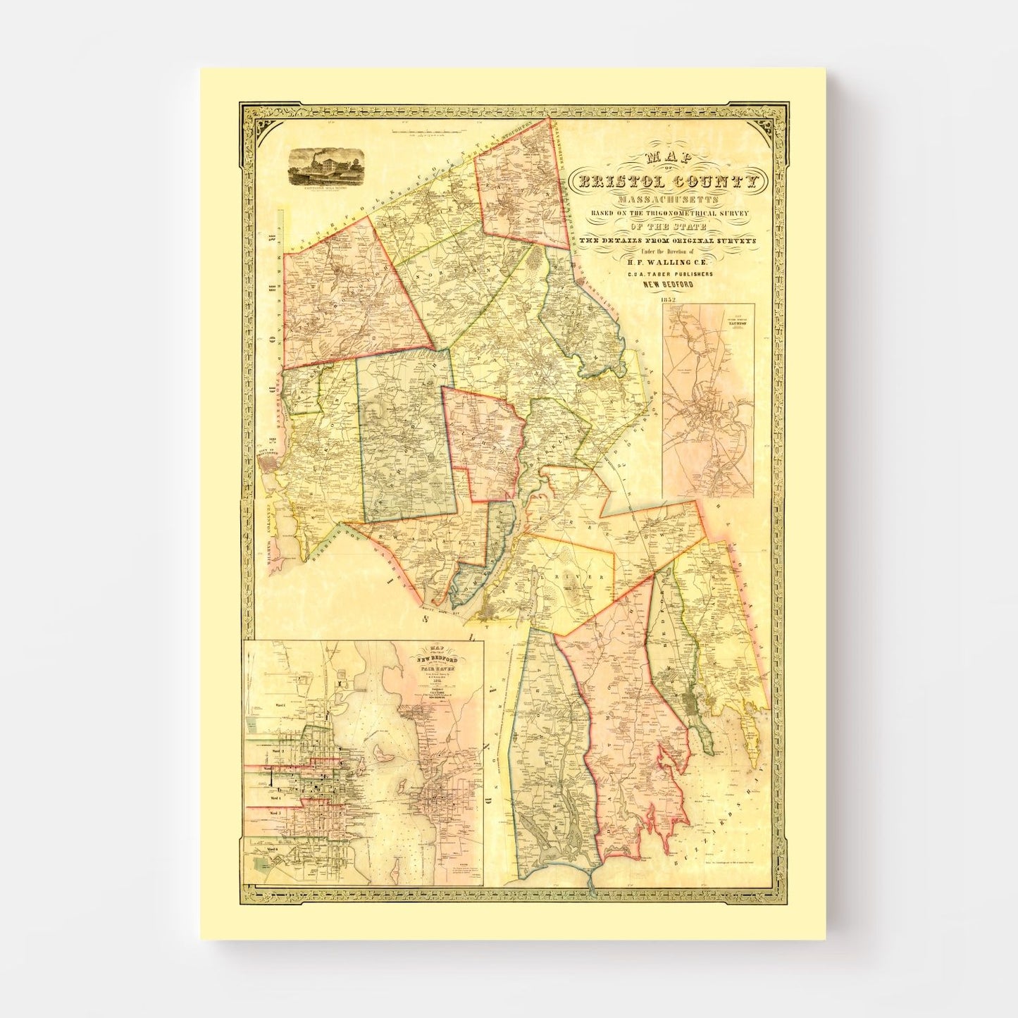 Vintage Map of Bristol County, Massachusetts, 1852