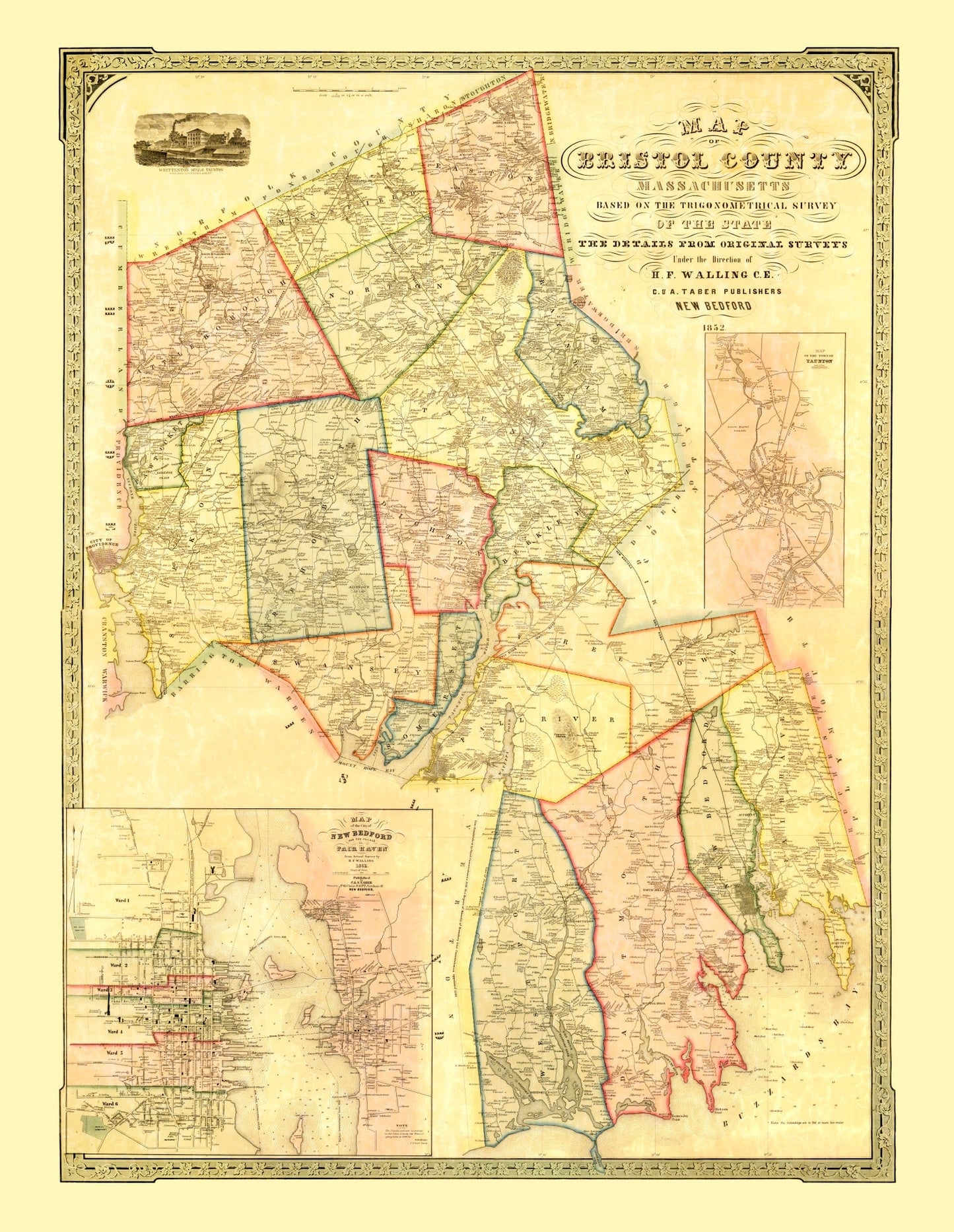 Vintage Map of Bristol County, Massachusetts, 1852