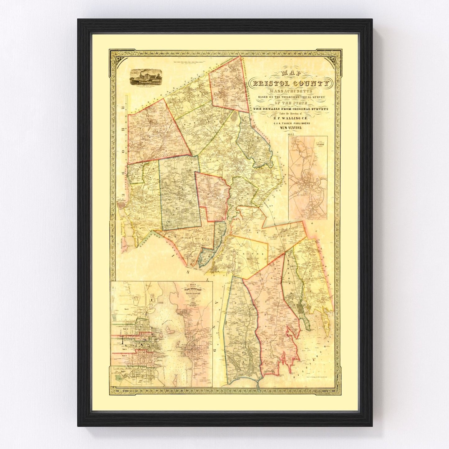 vintage map of Bristol County Massachusetts, 1852, restored print wall art