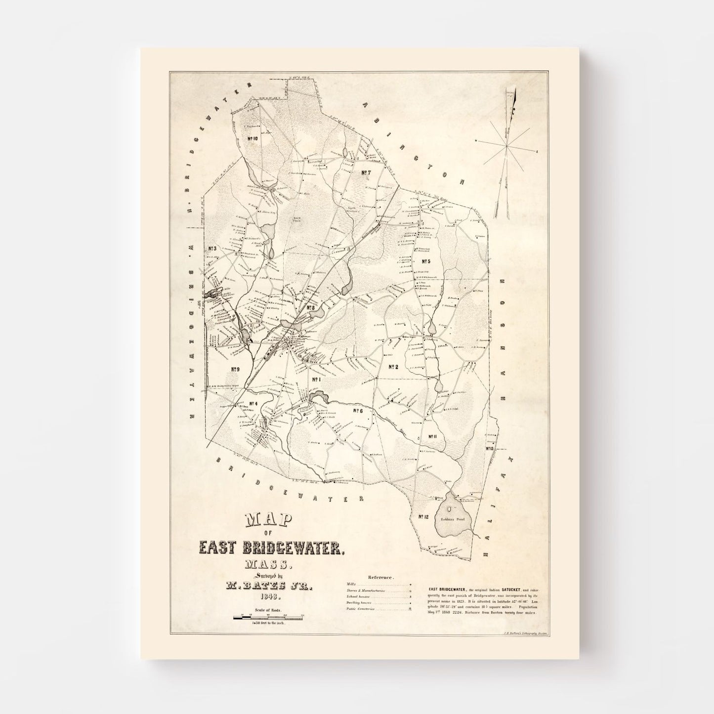 Vintage Map of Bridgewater County, Massachusetts, 1848