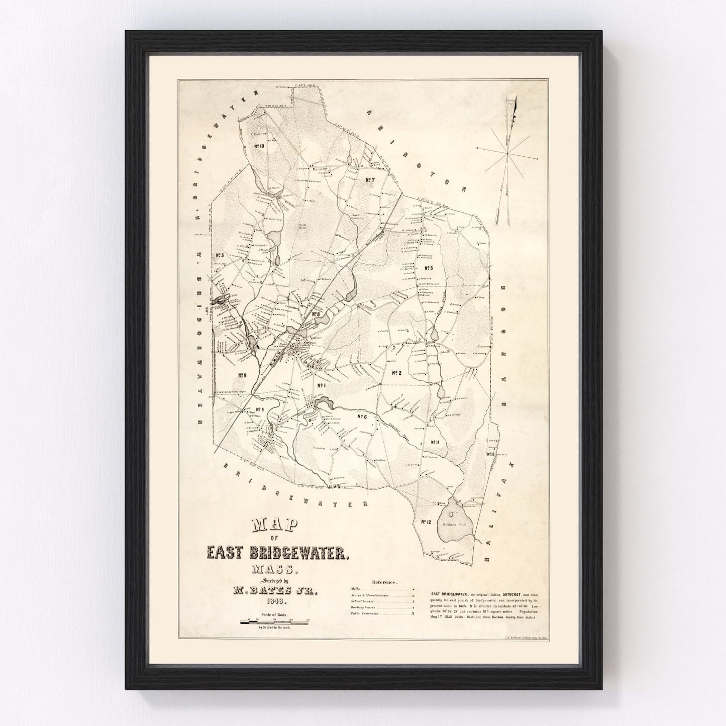 vintage map of Bridgewater County Massachusetts, 1848, restored print wall art