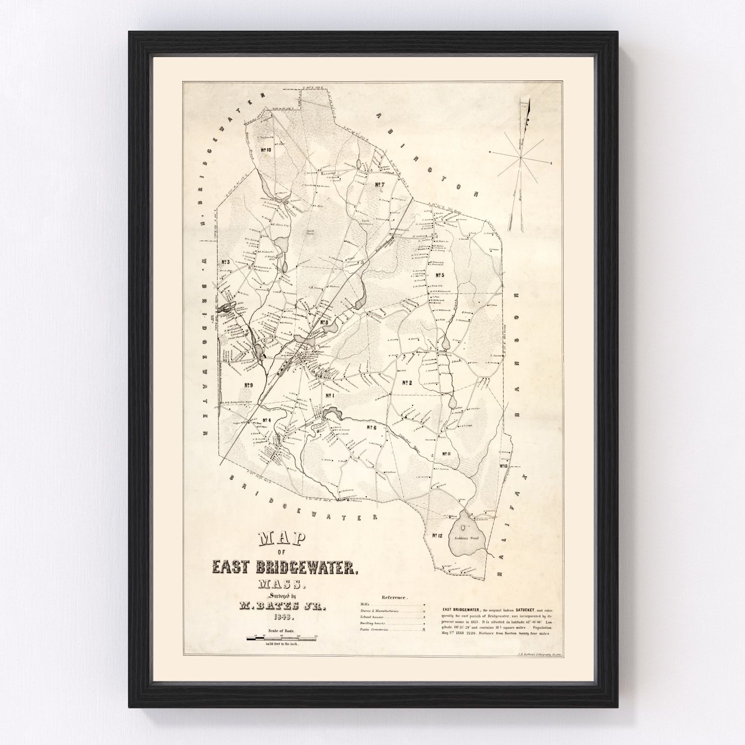 vintage map of Bridgewater County Massachusetts, 1848, restored print wall art