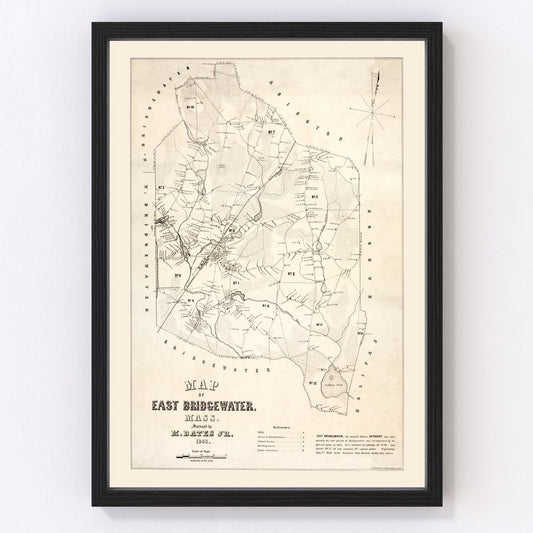 vintage map of Bridgewater County Massachusetts, 1848, restored print wall art