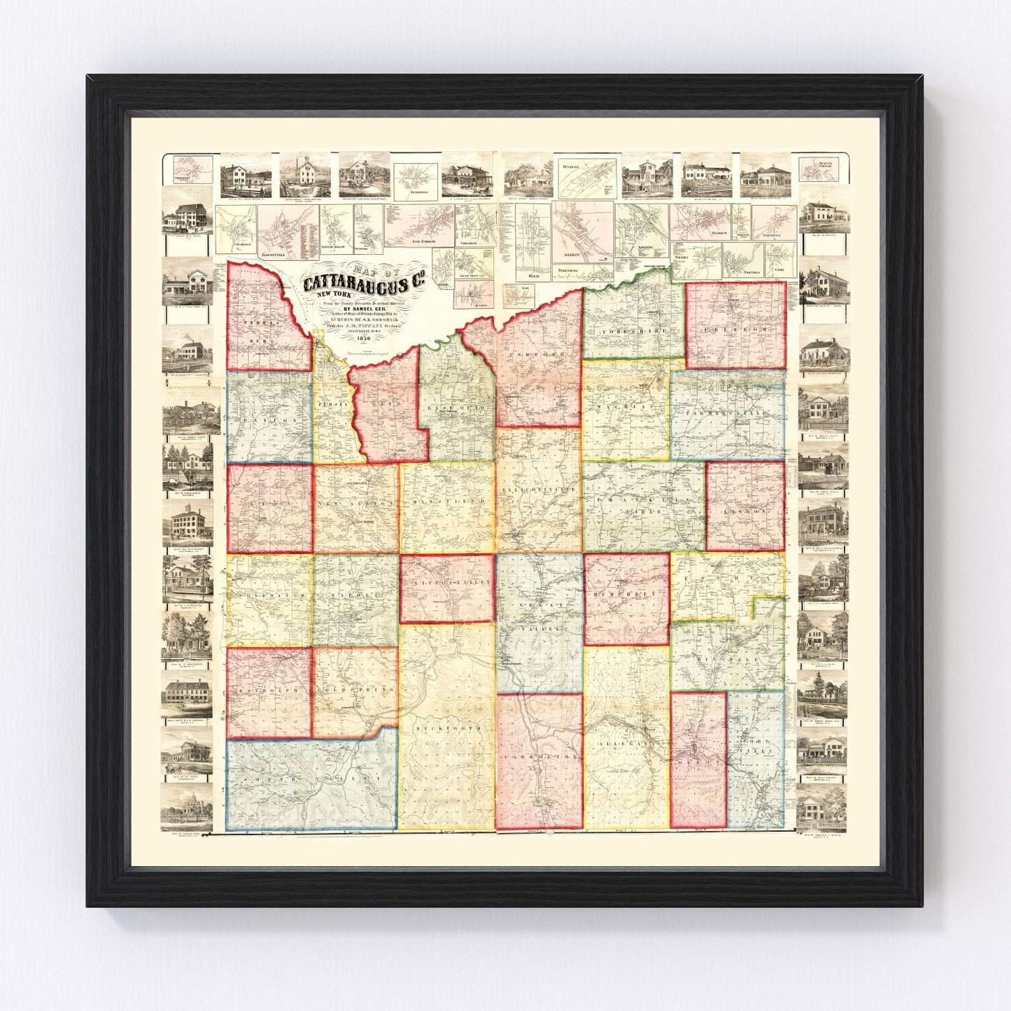 Vintage map of Cattaraugus County, New York, 1856, restored vintage wall art print