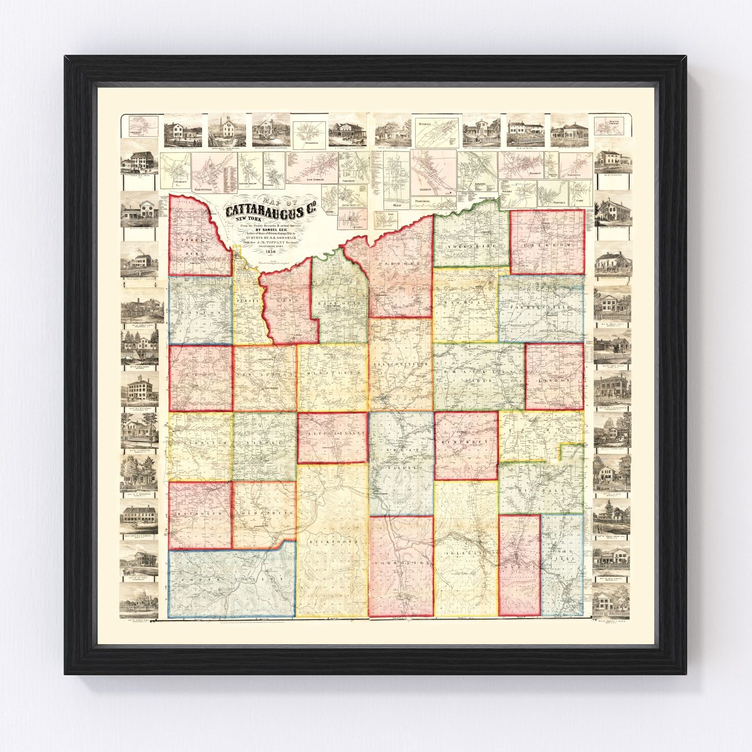 Vintage map of Cattaraugus County, New York, 1856, restored vintage wall art print