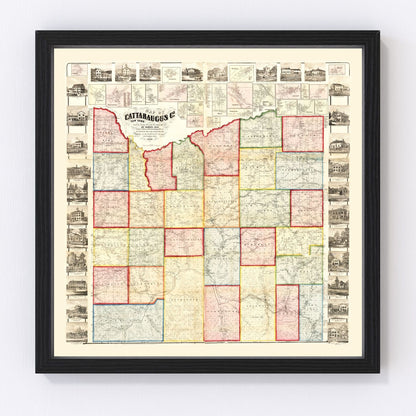 Vintage map of Cattaraugus County, New York, 1856, restored vintage wall art print