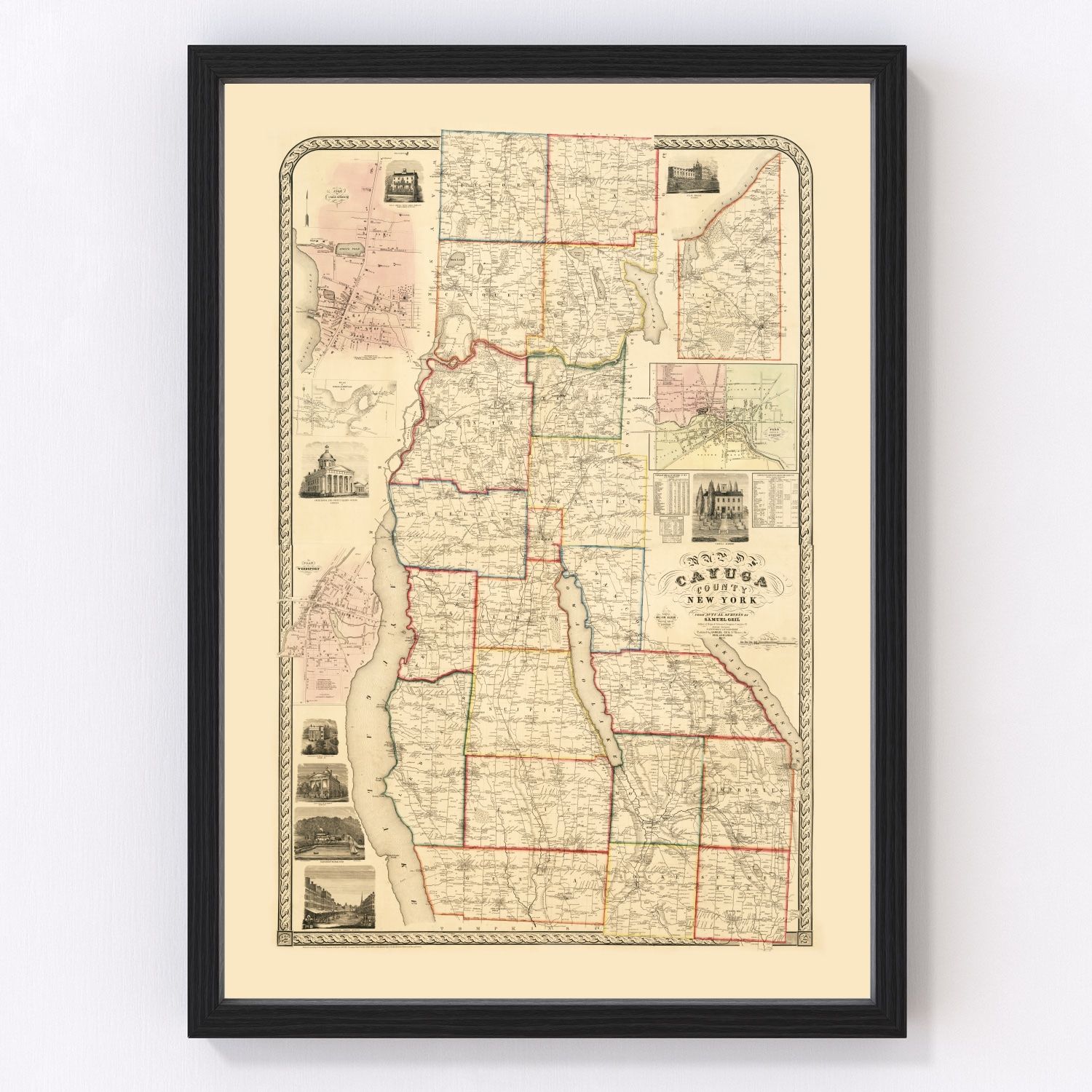 Vintage map of Cayuga County, New York, 1853, Finger Lakes, restored print