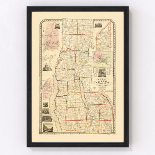 Vintage map of Cayuga County, New York, 1853, Finger Lakes, restored print