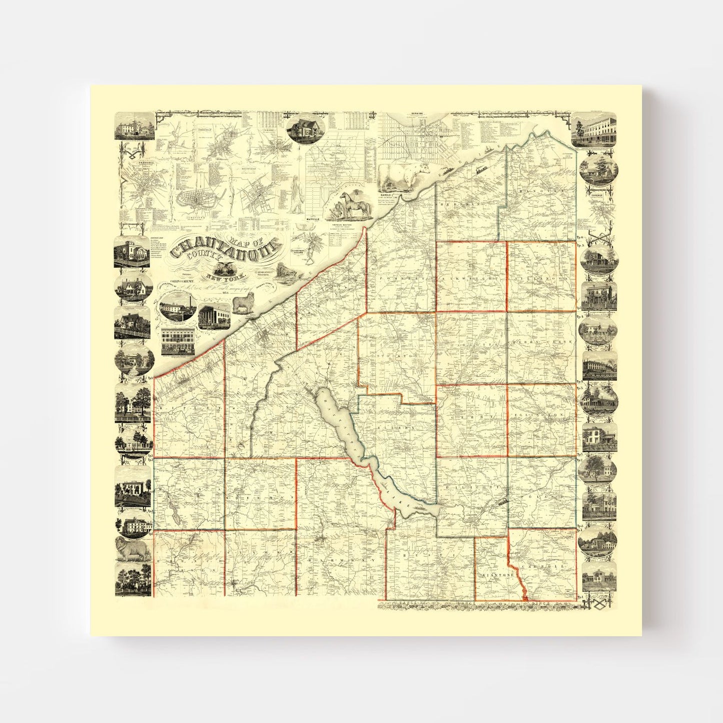 Vintage Map of Chautauqua County, New York, 1854
