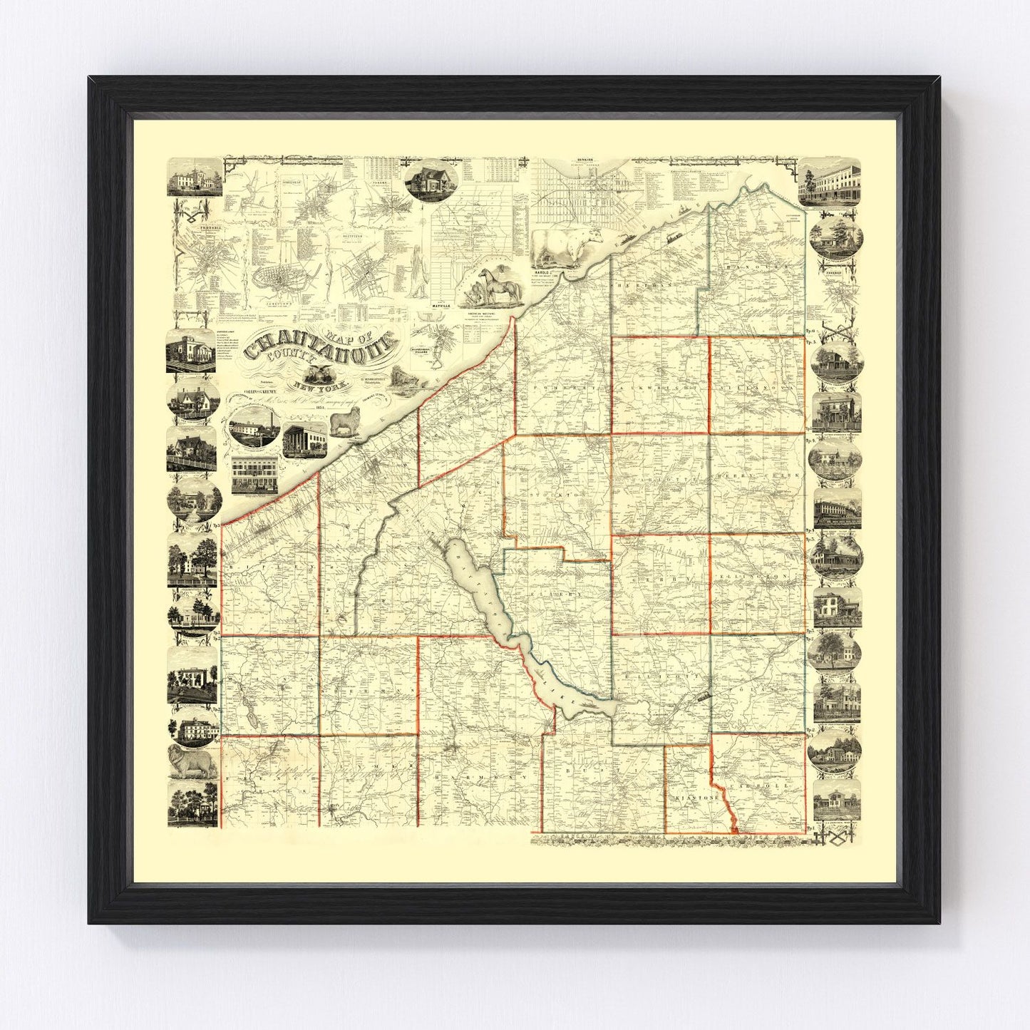 Vintage map of Chautauqua County, New York, 1854, digitally restored print