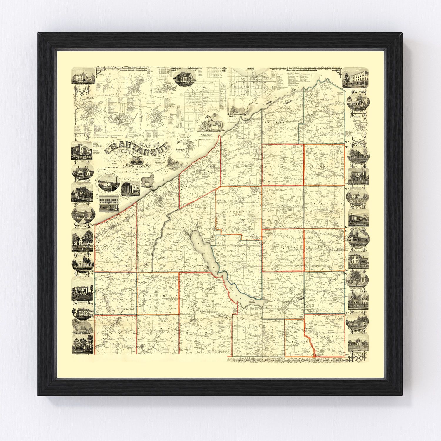 Vintage map of Chautauqua County, New York, 1854, digitally restored print