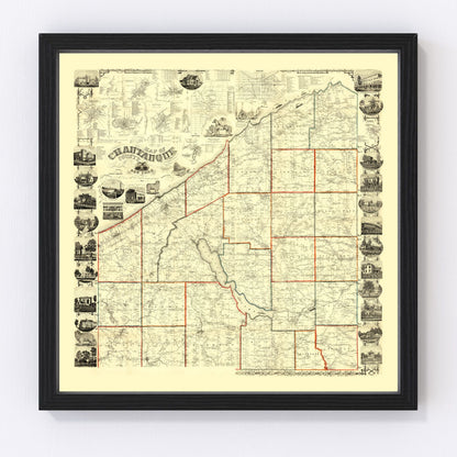 Vintage map of Chautauqua County, New York, 1854, digitally restored print