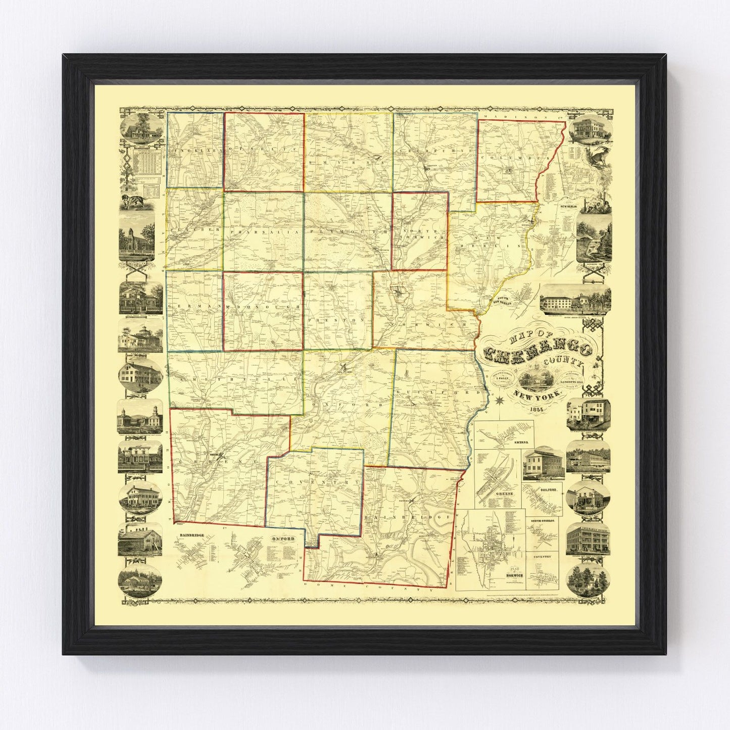 Vintage map of Chenango County, New York, 1855, digitally restored print