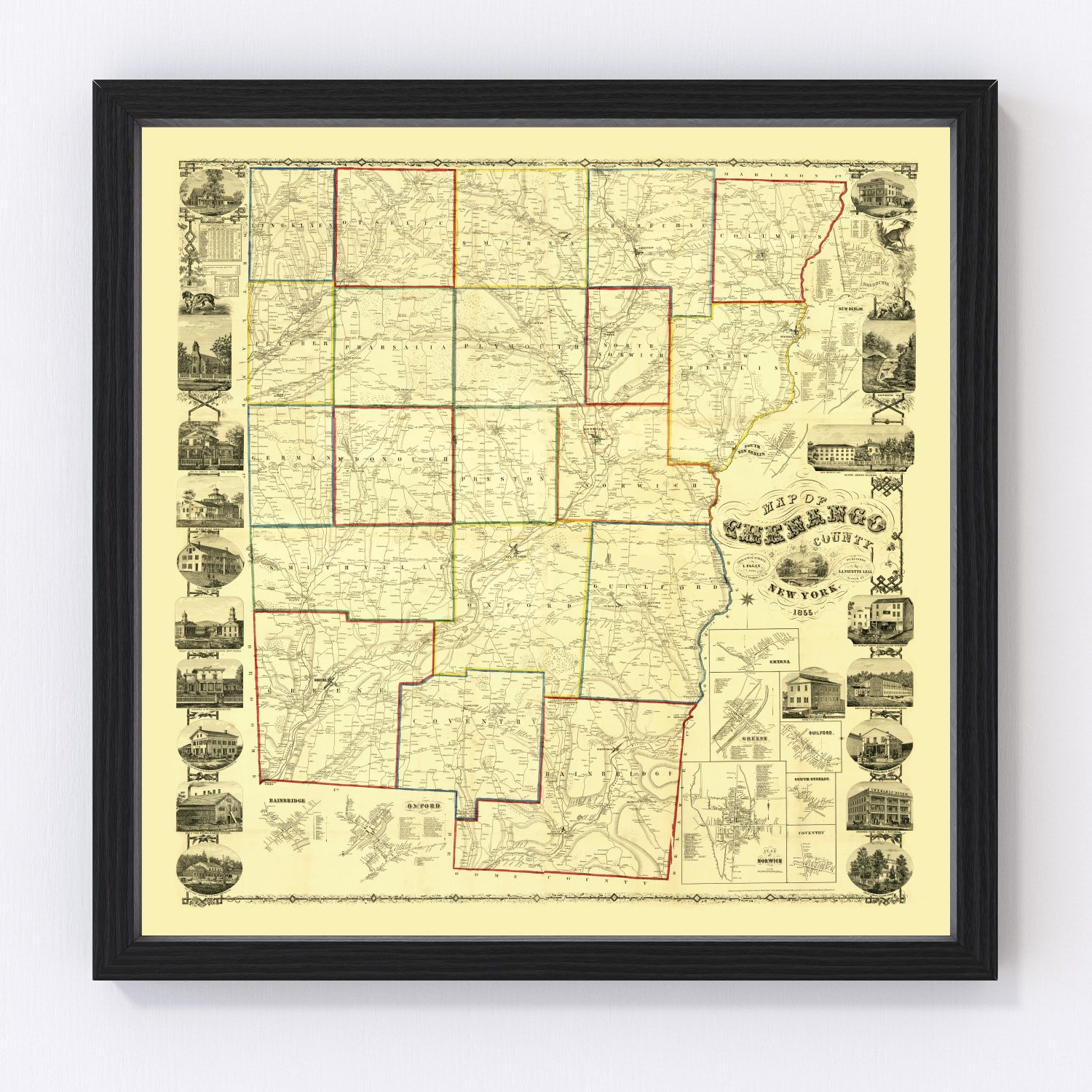 Vintage map of Chenango County, New York, 1855, digitally restored print