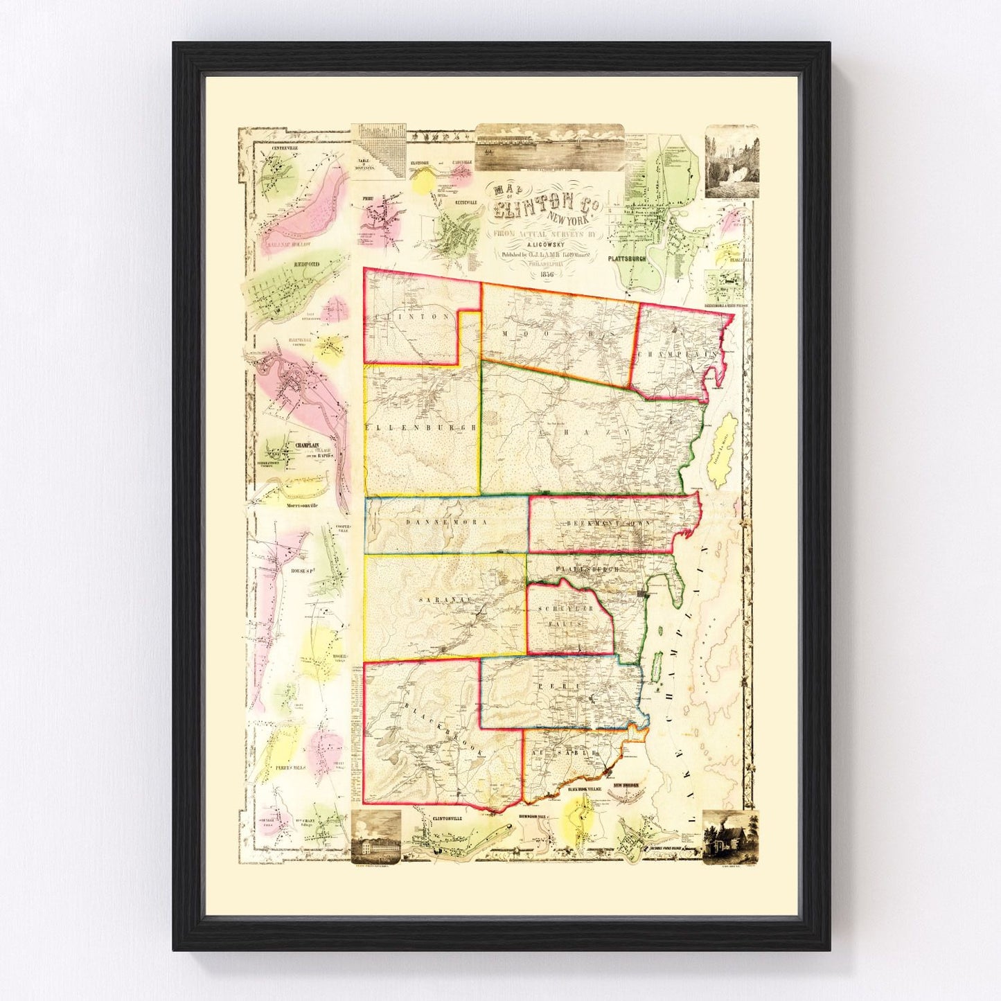 Vintage map of Clinton County, New York, 1856