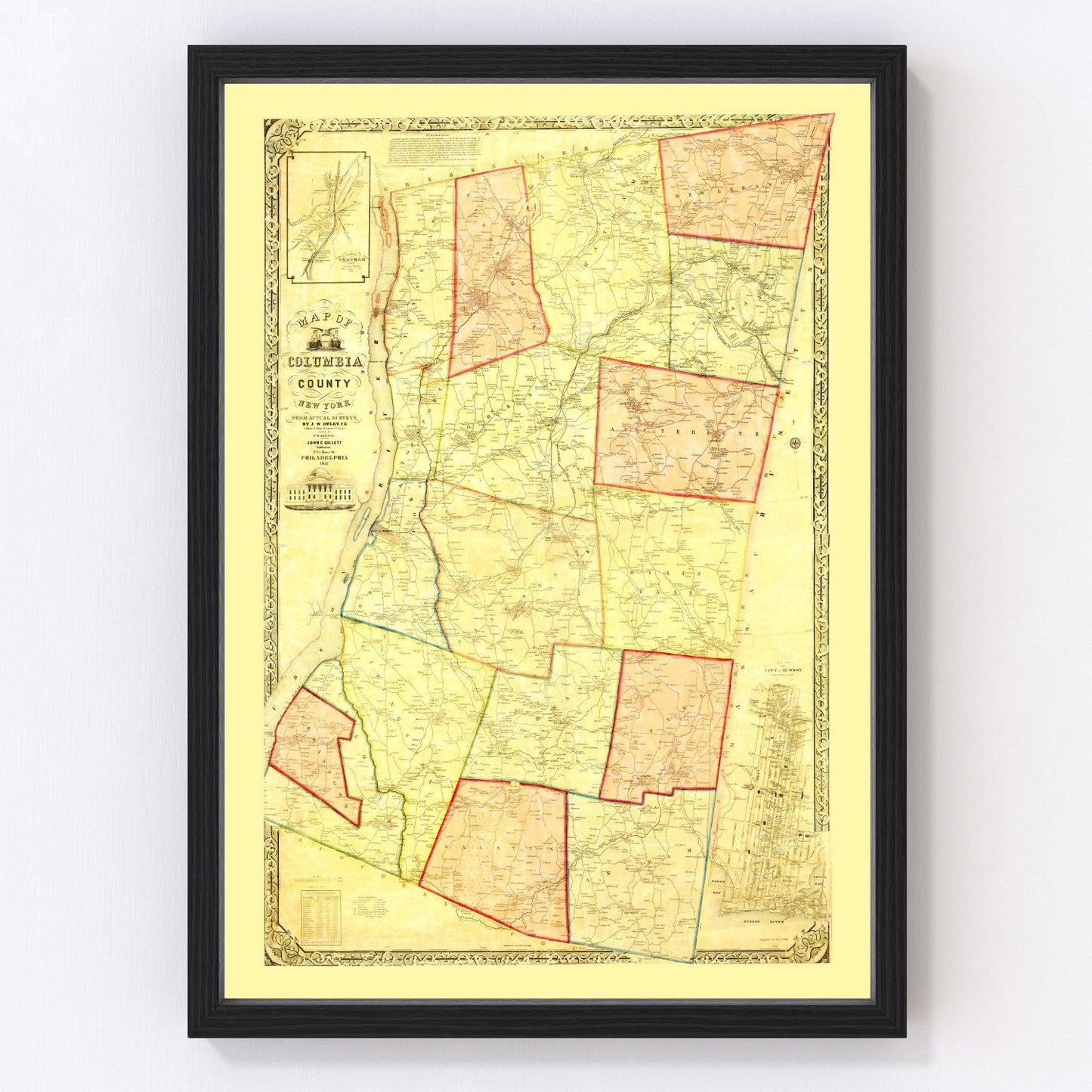 Vintage restored map of Columbia County, New York, 1851, mid-19th-century Hudson Valley