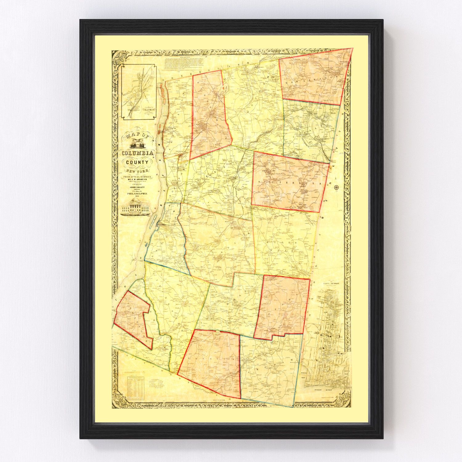 Vintage restored map of Columbia County, New York, 1851, mid-19th-century Hudson Valley