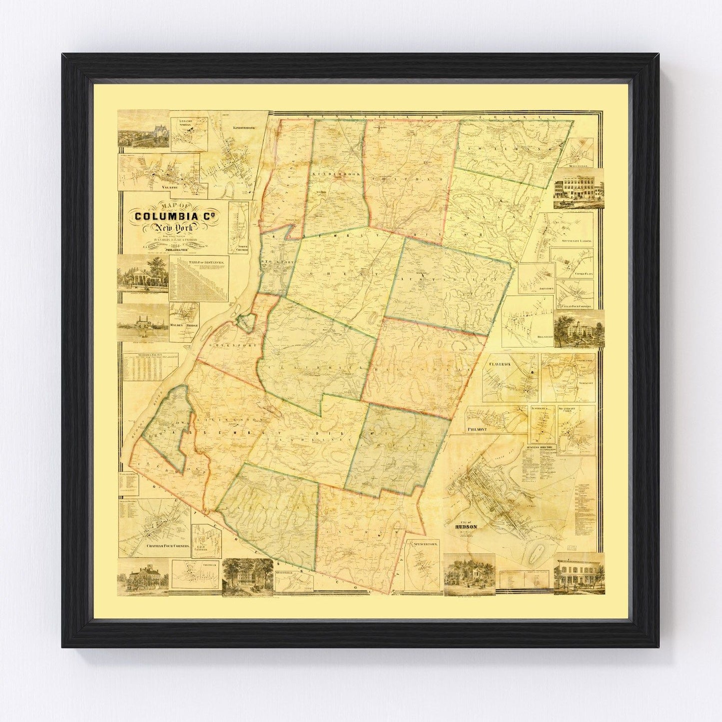 Vintage restored map of Columbia County, New York, 1858, Hudson Valley antebellum