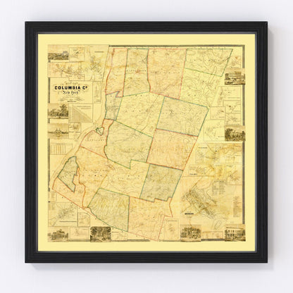 Vintage restored map of Columbia County, New York, 1858, Hudson Valley antebellum