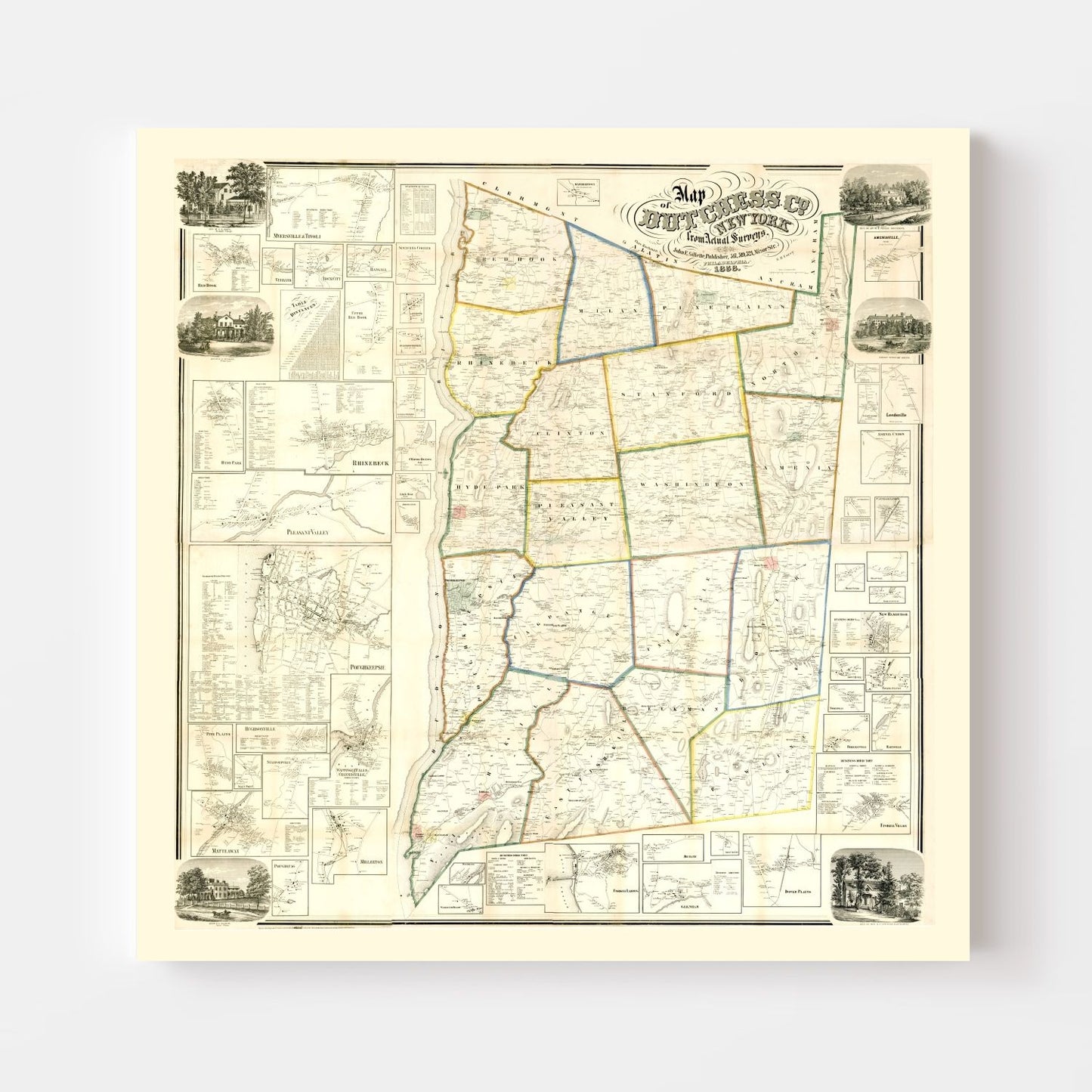 Vintage Map of Dutchess County, New York, 1858
