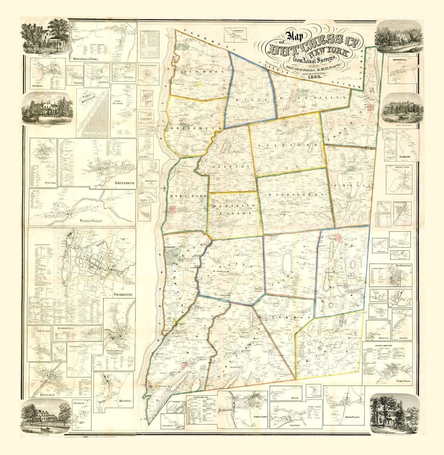 Vintage Map of Dutchess County, New York, 1858