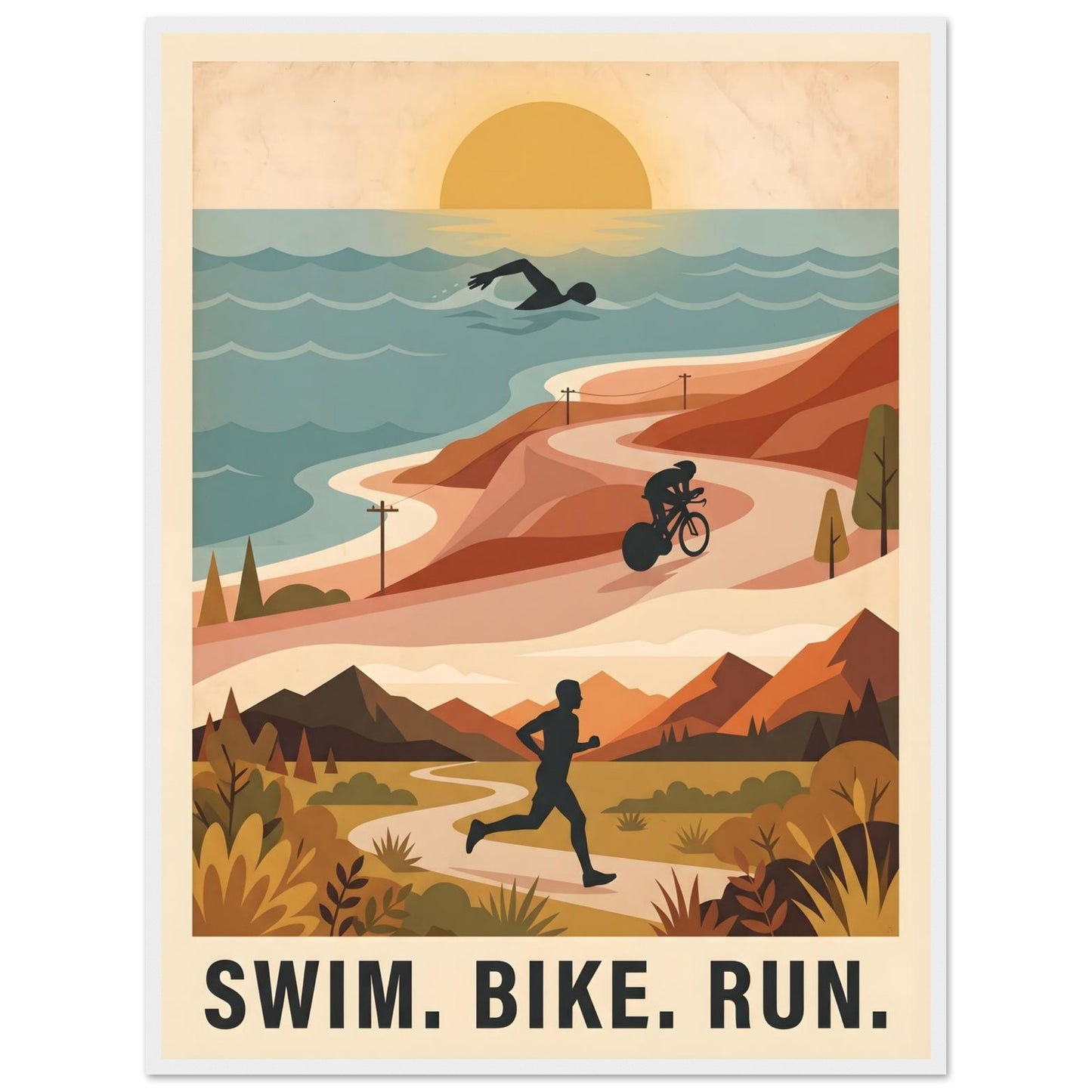 Triathlon Poster: Retro Swim Bike Run Framed Wall Art - 60x80 cm / 24x32″ - White frame / Ready-to-hang - Sparkycare