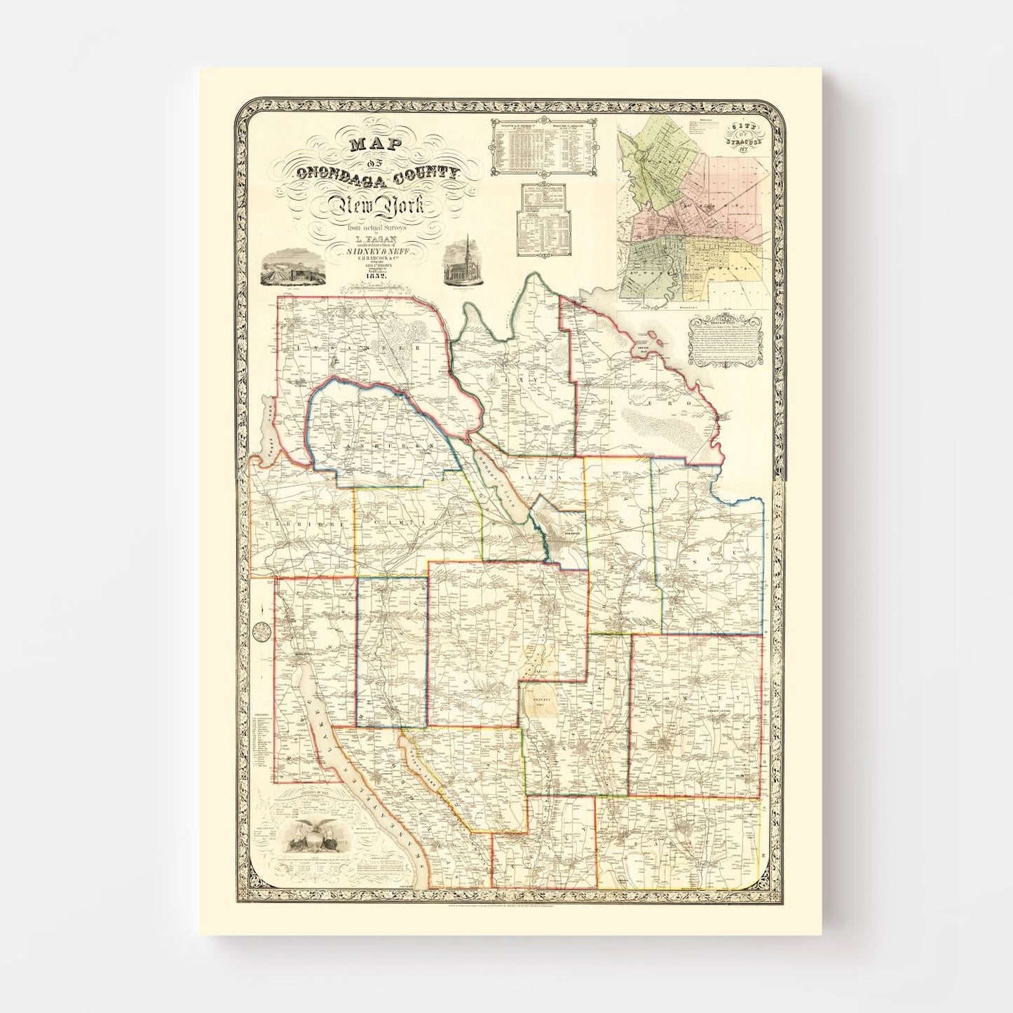 Vintage Map of Onondaga County, New York, 1852