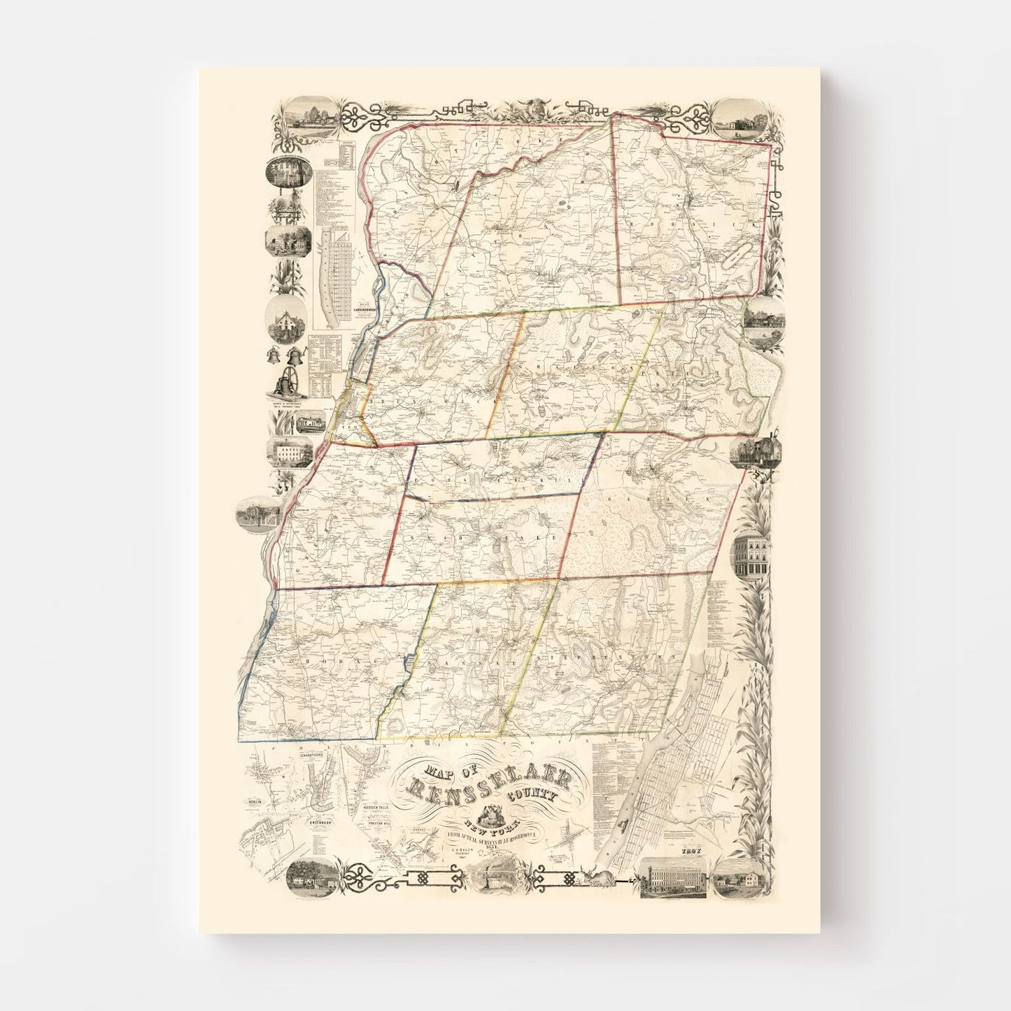 Vintage Map of Rensselaer County, New York, 1854