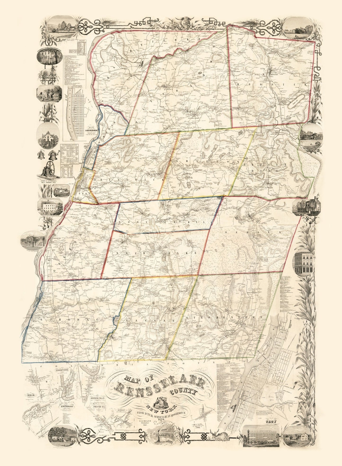 Vintage Map of Rensselaer County, New York, 1854